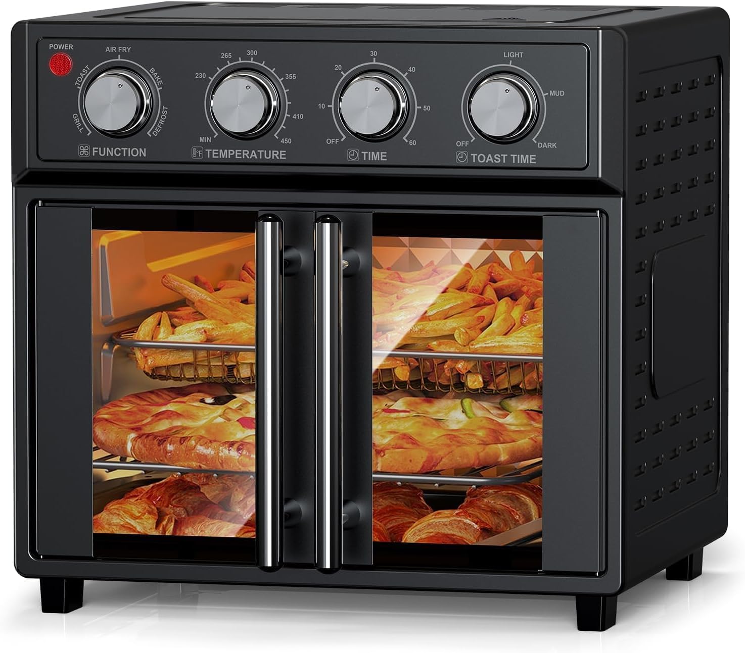 PlumChef 27.5 Quart Extra Large 6 Slices Air Fryer Convection Toaster Oven, French Door, 1700W, Multifunction Oven for Air Fryer, Toast, Grill, Defrost, Bake (Black)