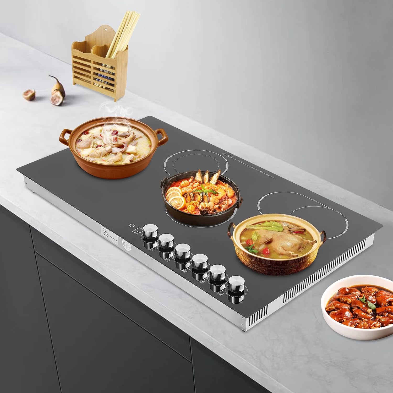 5 Burners Electric Cooktop, 35 Inch 48000W Electric Ceramic Cooktop Built-in Electric Stove Top with 5 Heating Levels, Kid Safety Lock, Timer and Knob Control, 110V for Hard Wire (No Plug)