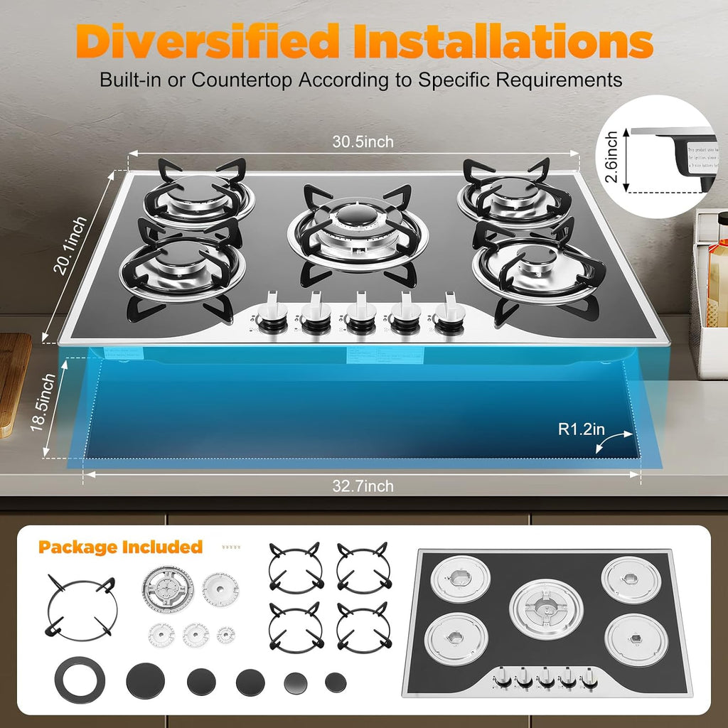 Gas Cooktop, Tempered Glass Panel Built-in 5 Burners, Portable LPG Gas Stove Countertop, Dual Fuel Cooktops Gas Cooker for RV Camper Caravan Outdoor Apartments, 30.3Inch Black