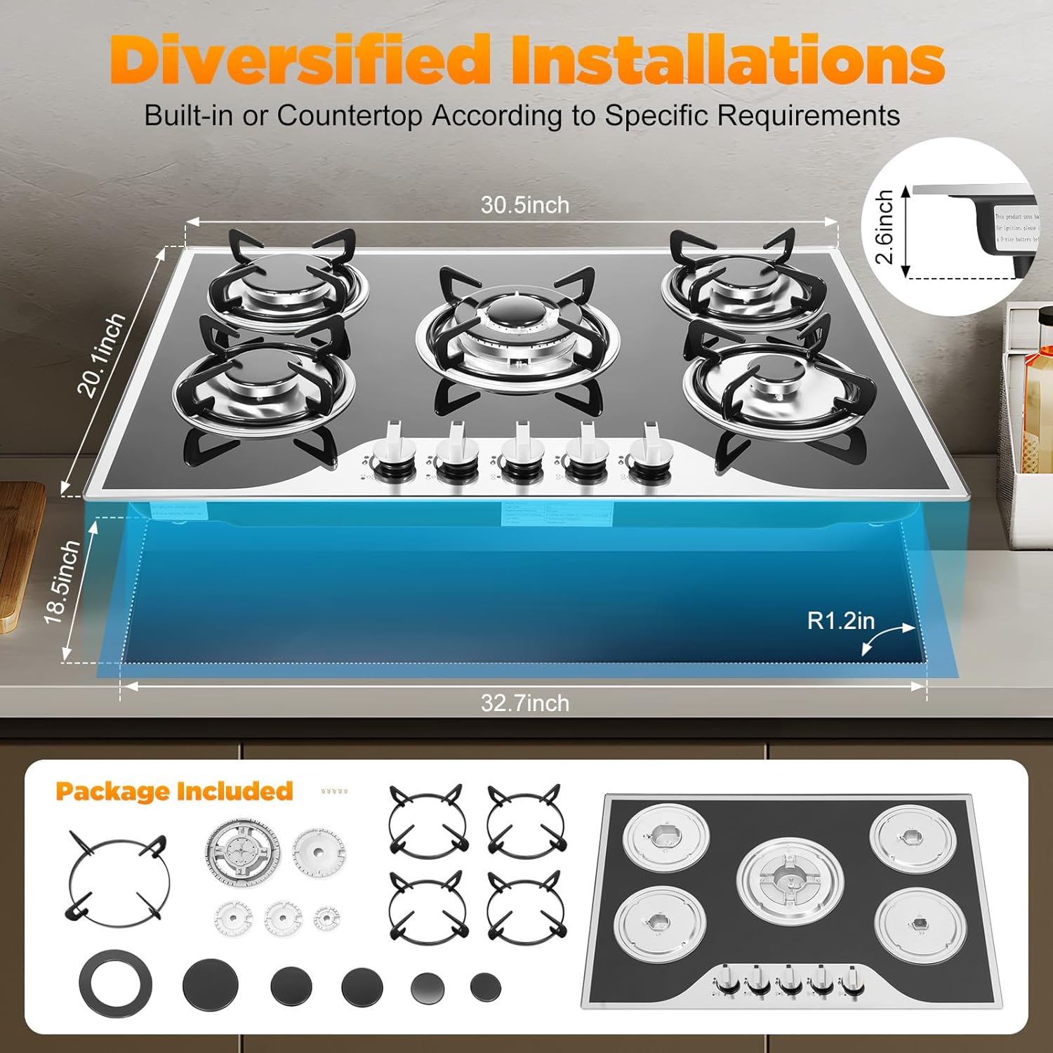Gas Cooktop, 5 Burner Propane Stove Top, Electronic Pulse Ignition Portable Gas Stove with Burner Markers, Built-In Stainless Steel GasCooktop for Homes or Restaurants. (Black, Silver)