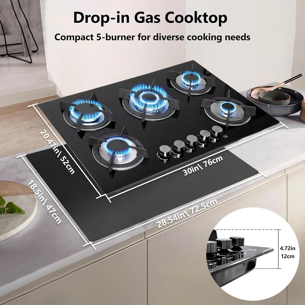 30in Countertop Gas Cooktop - 5 Burner Tempered Glass Stove Top, NG/LPG Convertible, Default for Propane Gas for RVs