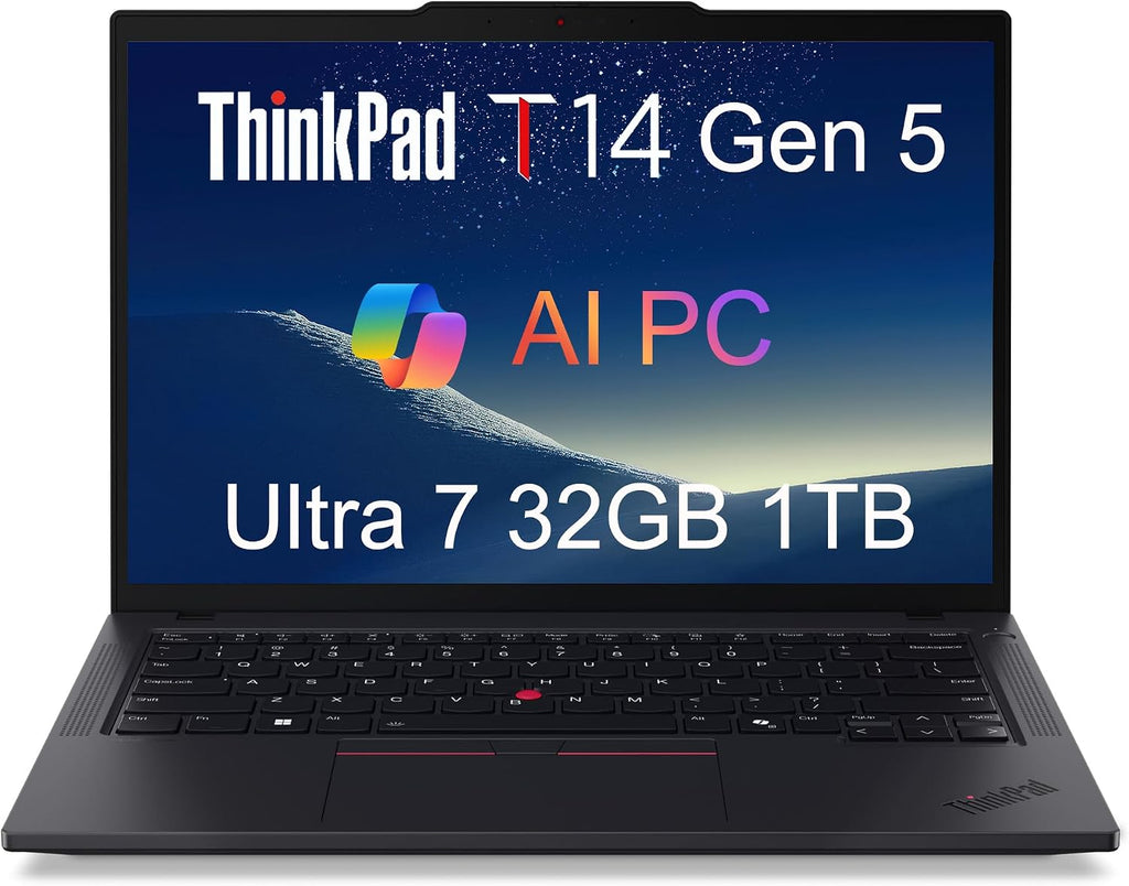 Lenovo ThinkPad T14 Gen 5 Business Laptop (14' FHD+, Intel Ultra 7 155U (>i7-13700H), 32GB DDR5 RAM, 1TB SSD), Fingerprint Reader, Backlit, 5MP Webcam, Ethernet, Wi-Fi 6E, Win 11 Pro, AI PC, Black