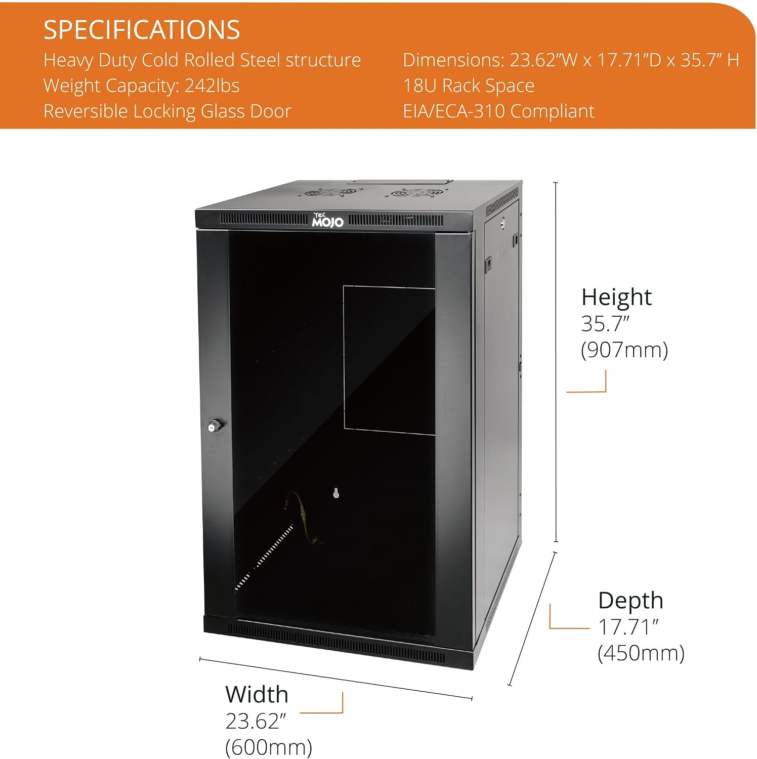 Tecmojo 18U Wall Mount Rack,18U Rack 17.7 Inch Depth,Hold Up to 176 Lbs,Enclosed Wall Mount Rack Kit for 19 Inch Network,Server and AV Gear,Glass Door(Elite Collection)