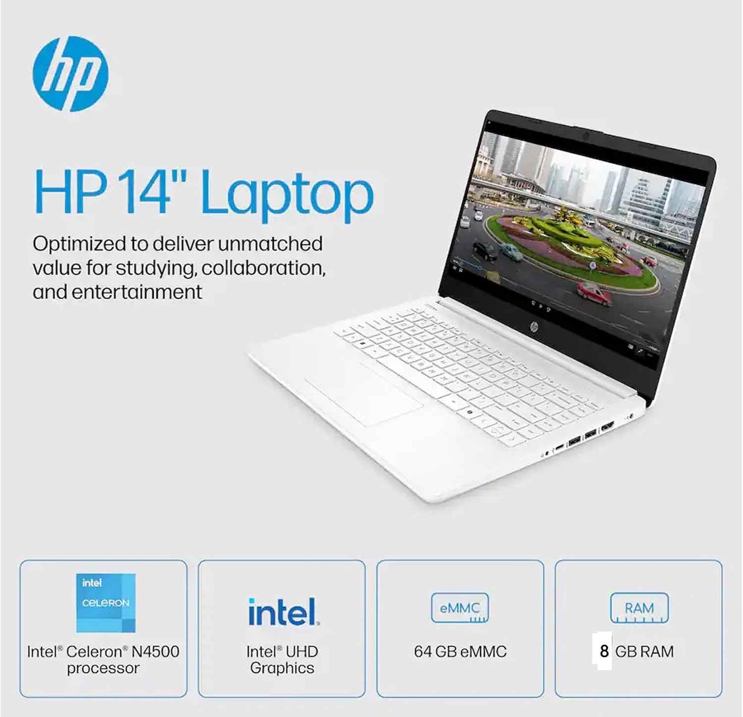 HP Windows 11 Laptop 14 inch HD Screen with Microsoft Office and 1TB Cloud Storage (1-Year)| 8GB RAM| 64GB eMMC| Intel 2-Core CPU| Wi-Fi| Ultra Light| Portable| Webcam| Bluetooth| White| RK Bundle