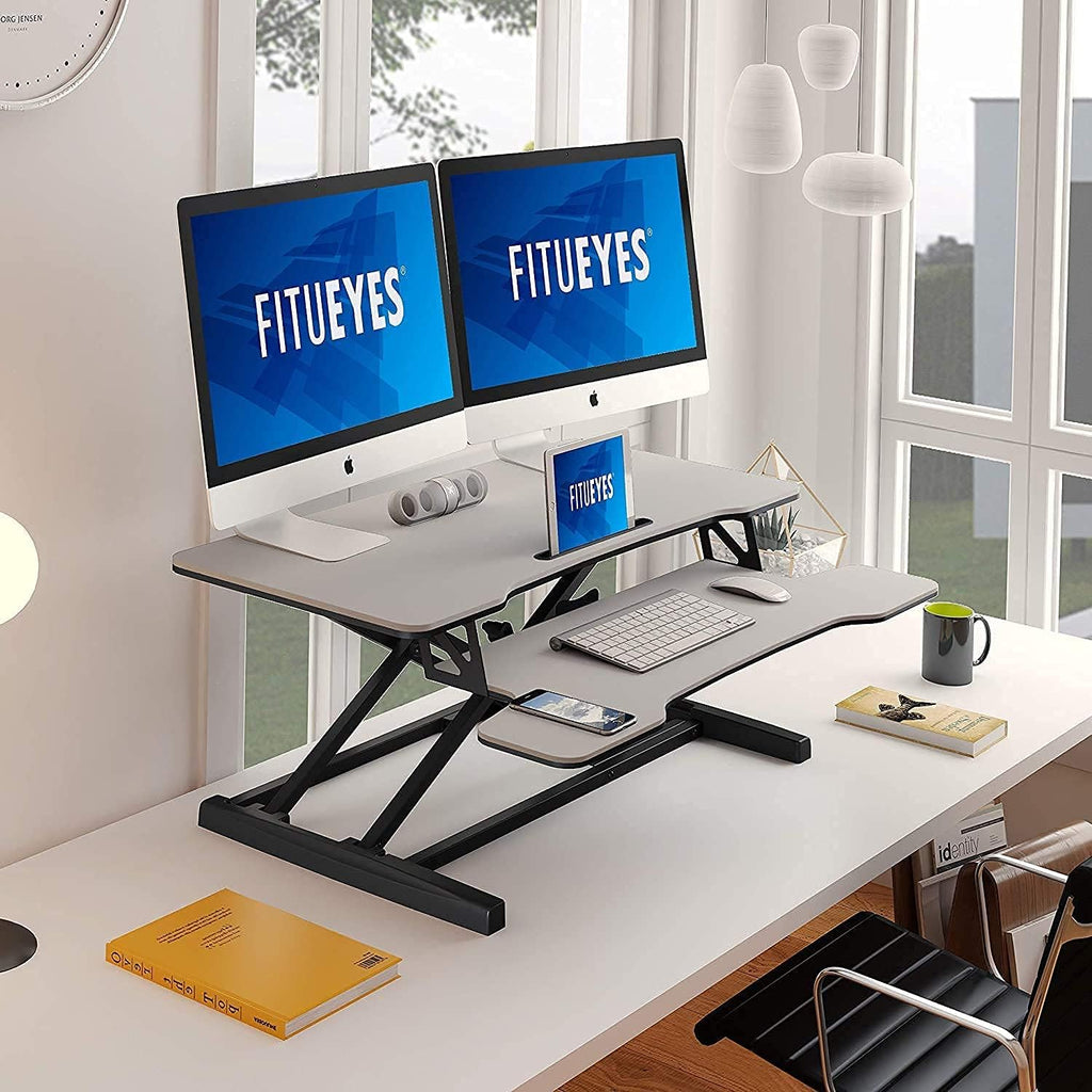 FITUEYES Height Adjustable Standing Desk 36' Wide Sit to Stand Converter Stand Up Desk Tabletop Workstation for Laptops Dual Monitor Riser White SD309103WW