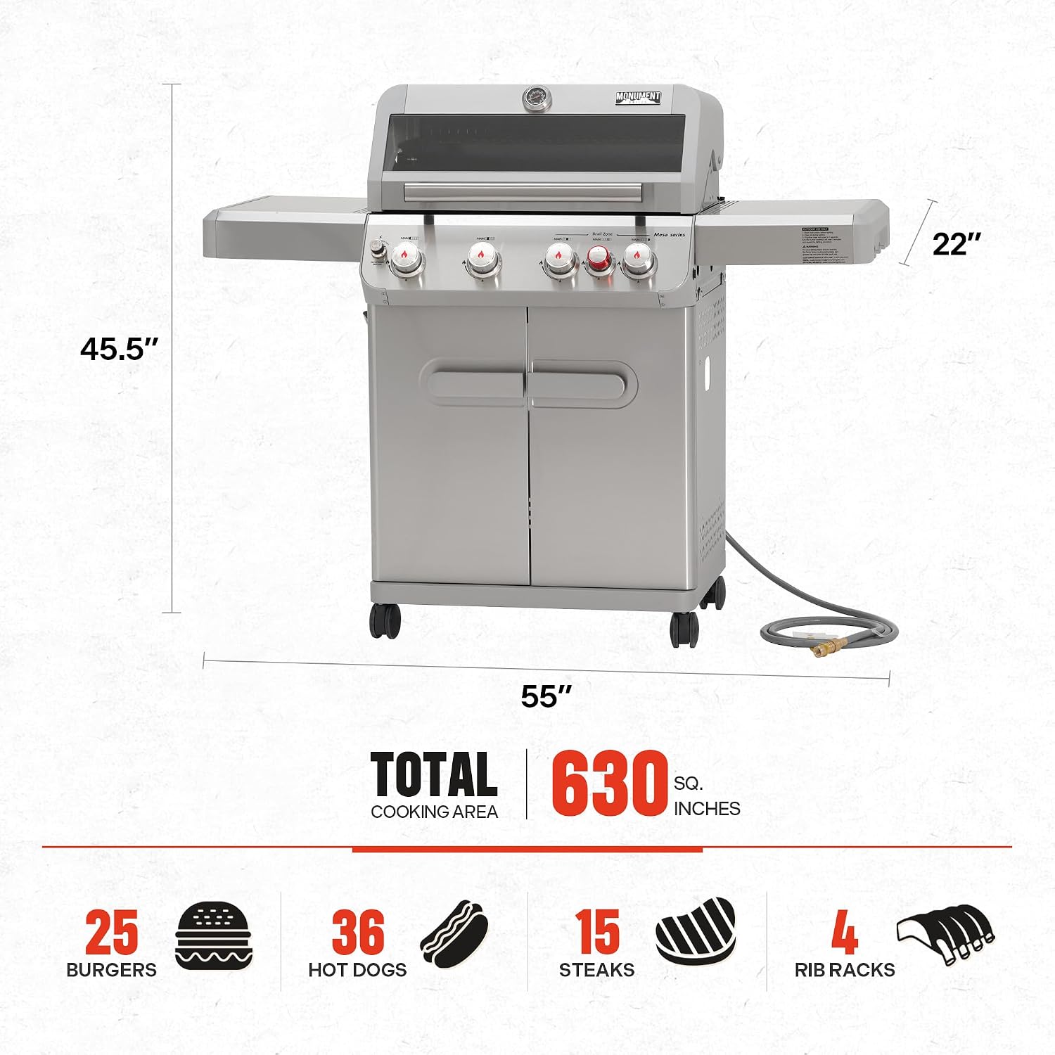 Monument Grills 4+1 Burner Natural Gas Grill with Natural Gas Hose, 50,000 BTU Stainless Steel Outdoor Patio Barbecue Grill, Broil Zone Fast Heating, Knob Lights, and Easy Cleanup, M415BZNG