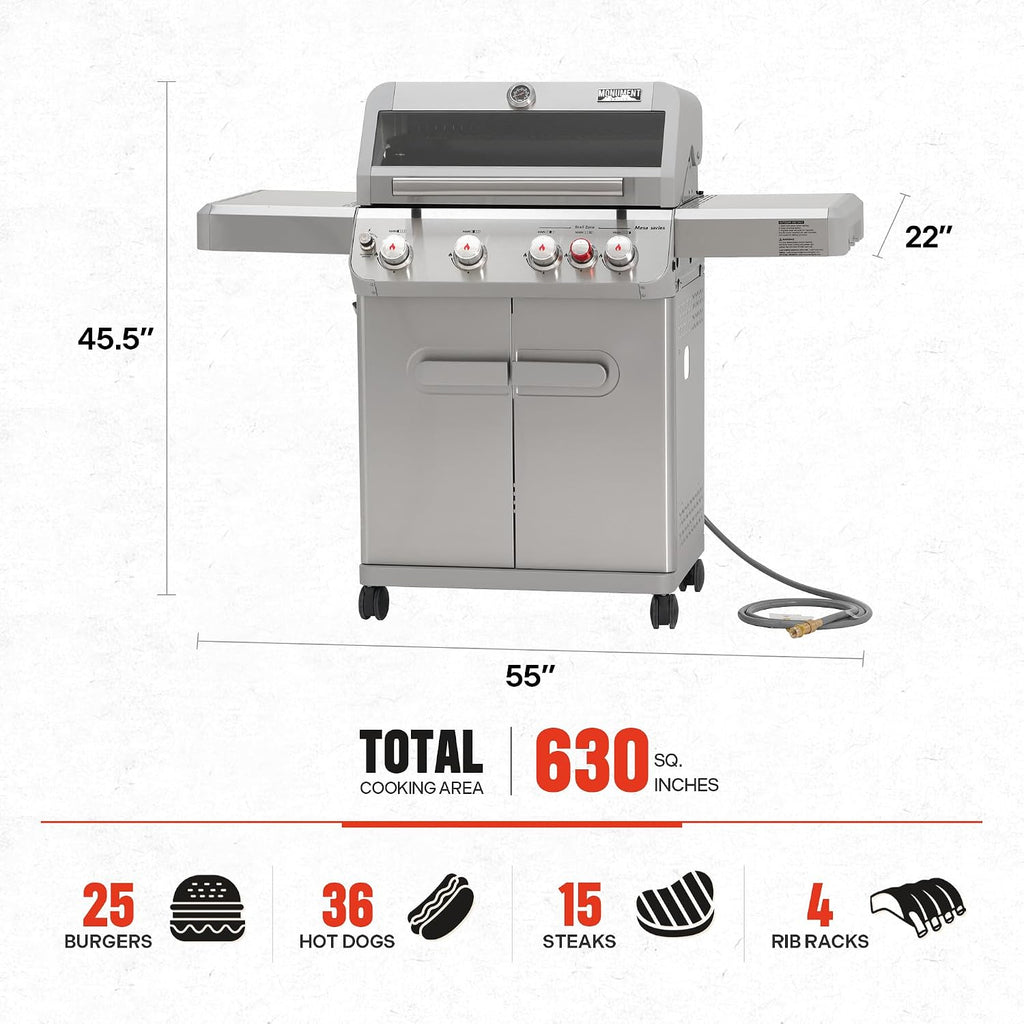 Monument Grills 4+1 Burner Natural Gas Grill with Hose, 50,000 BTU Stainless Steel Outdoor Patio Barbecue Grill with Cover, Fast Heating, Knob Control, and Easy Cleanup, M415BZNG