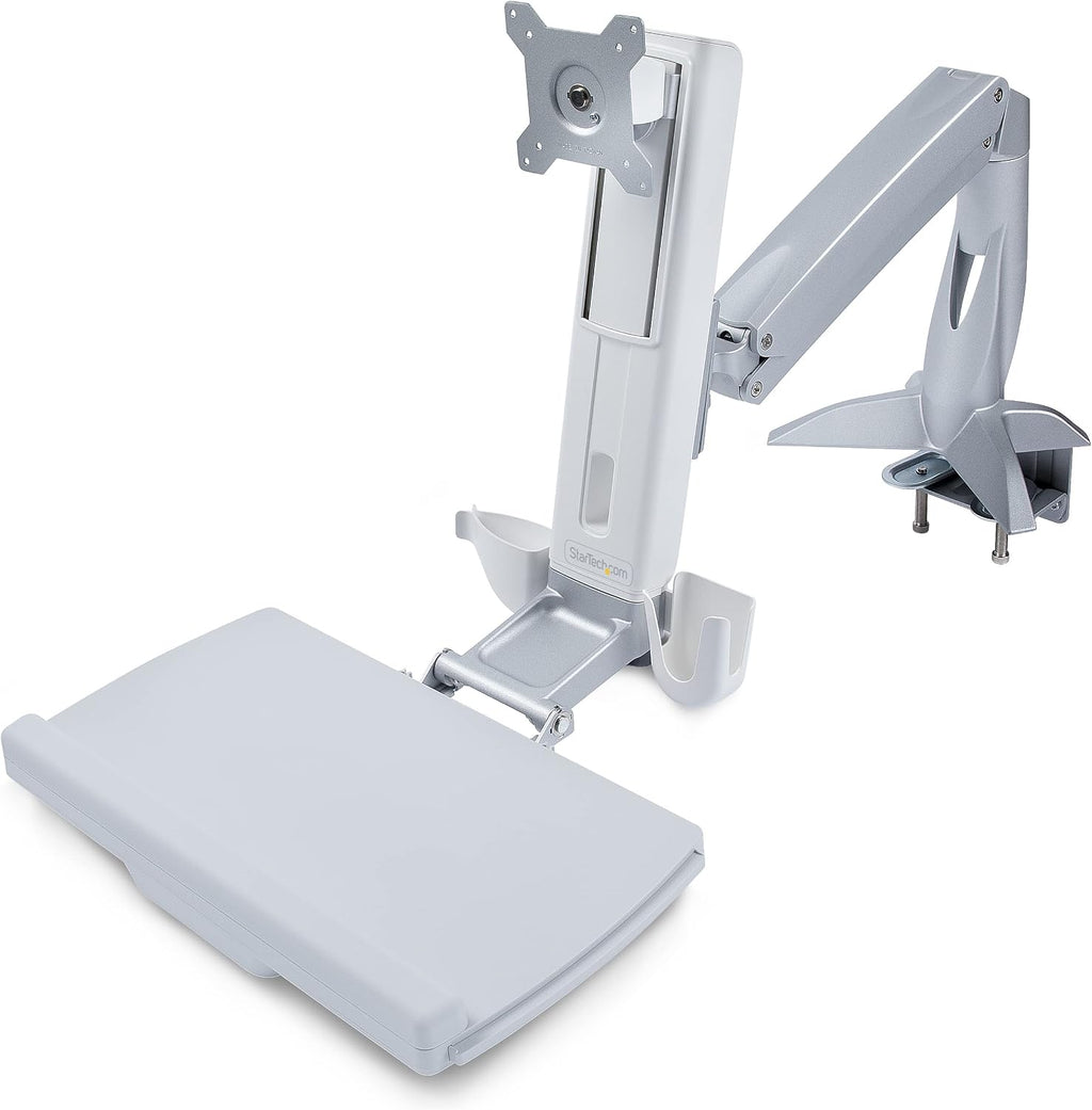 StarTech.com Sit-Stand Monitor Arm with Keyboard Tray - Adjustable Desk Mount Sit-Stand Workstation Arm for Single 27' VESA Display - Ergonomic Articulating Standing Desk Converter, TAA
