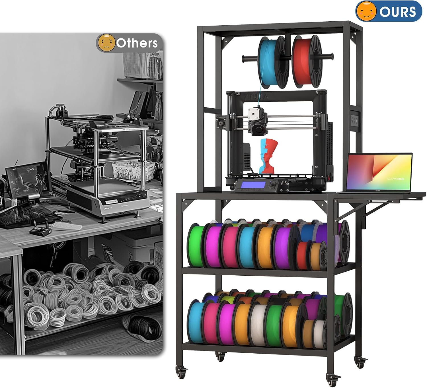 Heavy Duty 3D Printer Stand with Wheels - T-Shaped Filament Storage Rack, 2-Tier Workbench for 3D Printing Studio & Home Office, Supports 200+ LBS, Fits Most 3D Printers, Easy Assembly