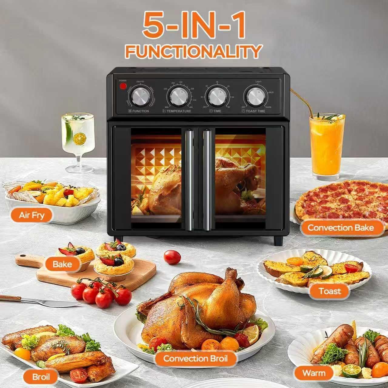 PlumChef 27.5 Quart Extra Large 6 Slices Air Fryer Convection Toaster Oven, French Door, 1700W, Multifunction Oven for Air Fryer, Toast, Grill, Defrost, Bake (Black)