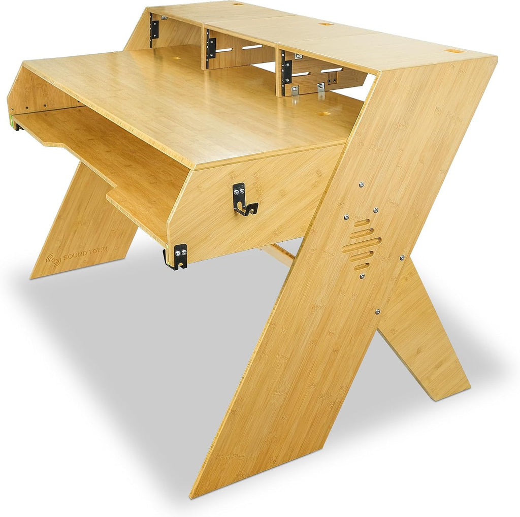 Sound Town Studio Workstation Desk with 3 x 3U Rack Bays, Adjustable Top Shelf, Slide-Out Controller Keyboard Tray, Solid Carbonized Bamboo (SDRK-PF60CB)