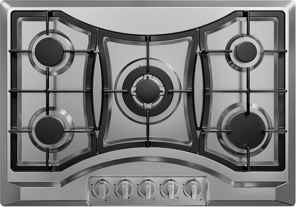 30 inch Drop-in Gas Cooktop with 5 Sealed Burners, Stainless Steel Stovetop, Dishwasher Safe Cast Iron Grates, NG/LPG Convertible, 38K BTU