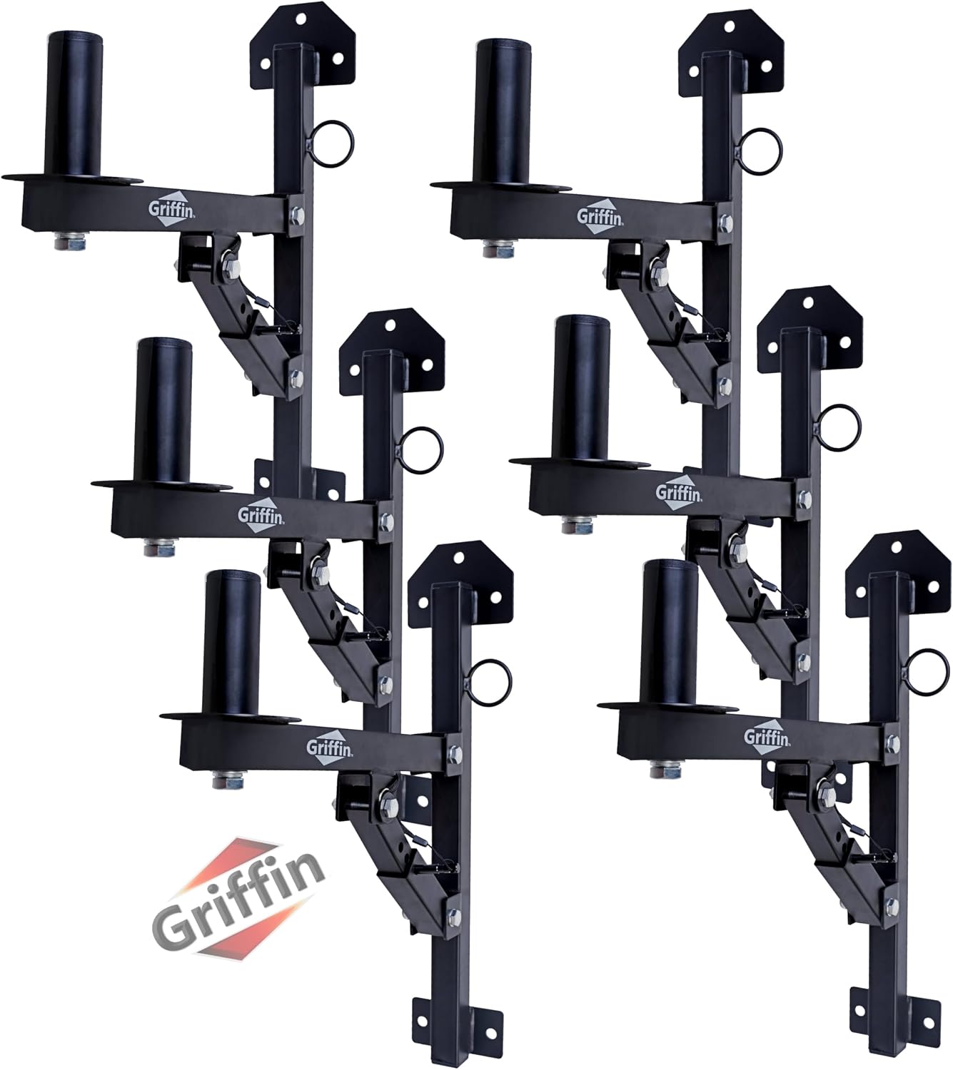 GRIFFIN 6-Pack PA Speaker Wall Mount Bracket Stands (All-SteelPRO Edition) – Audio Speaker Pole Holder – Securing Locking Pin & 3 Horizontal Level Tilt Adjustments – DJ On Stage Studio Monitor Holders