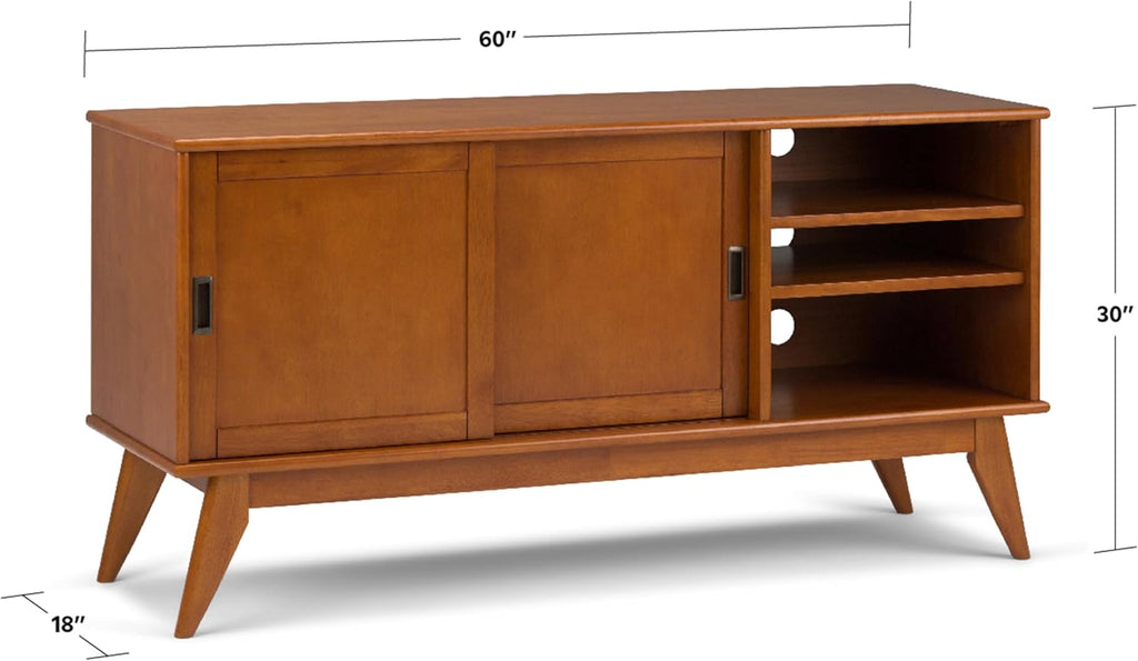 SIMPLIHOME Draper TV Stand - 60 inch Wide Solid Wood Media Console in Teak Brown, Mid Century Modern Entertainment Center for Living Room for TVs up to 65 Inches with Shelves and Cable Management