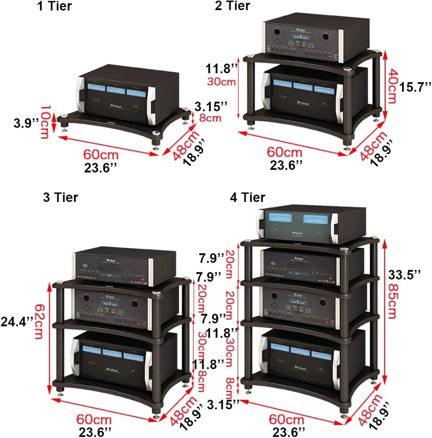Audio Rack Steel Stereo Rack Audio Equipment Rack Audio Stereo Shelf Wooden Open Audio-Video Shelving with Shock-Absorbing Feet(Rot,1 Tier)