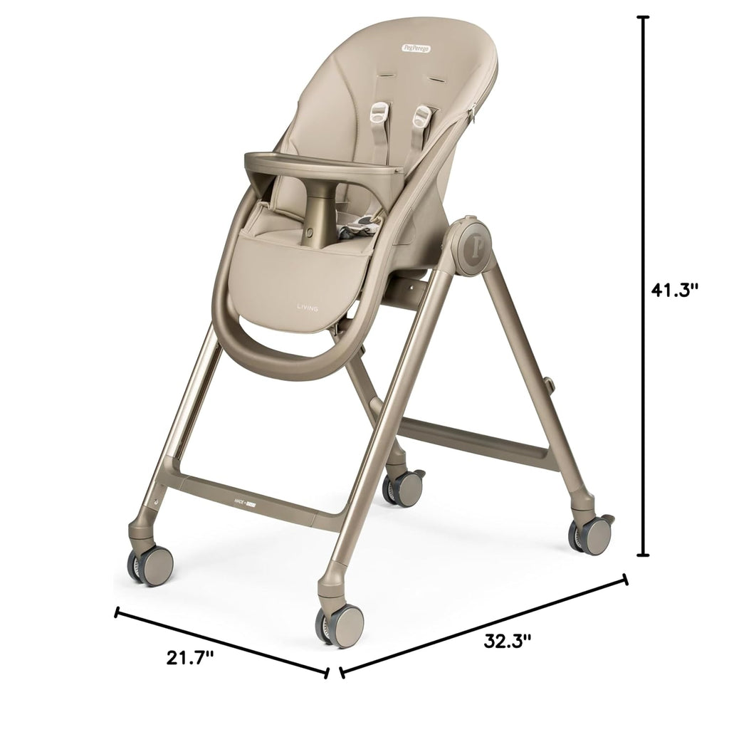Peg Perego Living, Grow with Baby Folding High Chair & Recliner, Height Adjustable, Quick Clean & Easy Push Wheels for Babies & Toddlers, Made in Italy, Space Sand