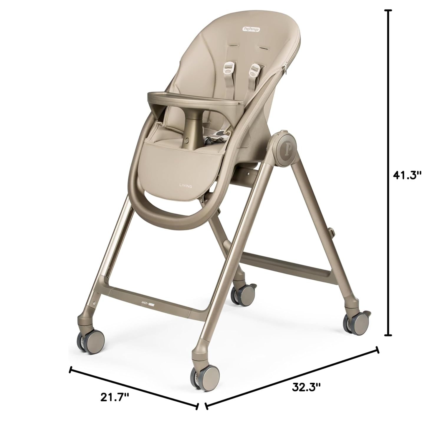 Peg Perego Living, Grow with Baby Folding High Chair & Recliner, Height Adjustable, Quick Clean & Easy Push Wheels for Babies & Toddlers, Made in Italy, Space Sand