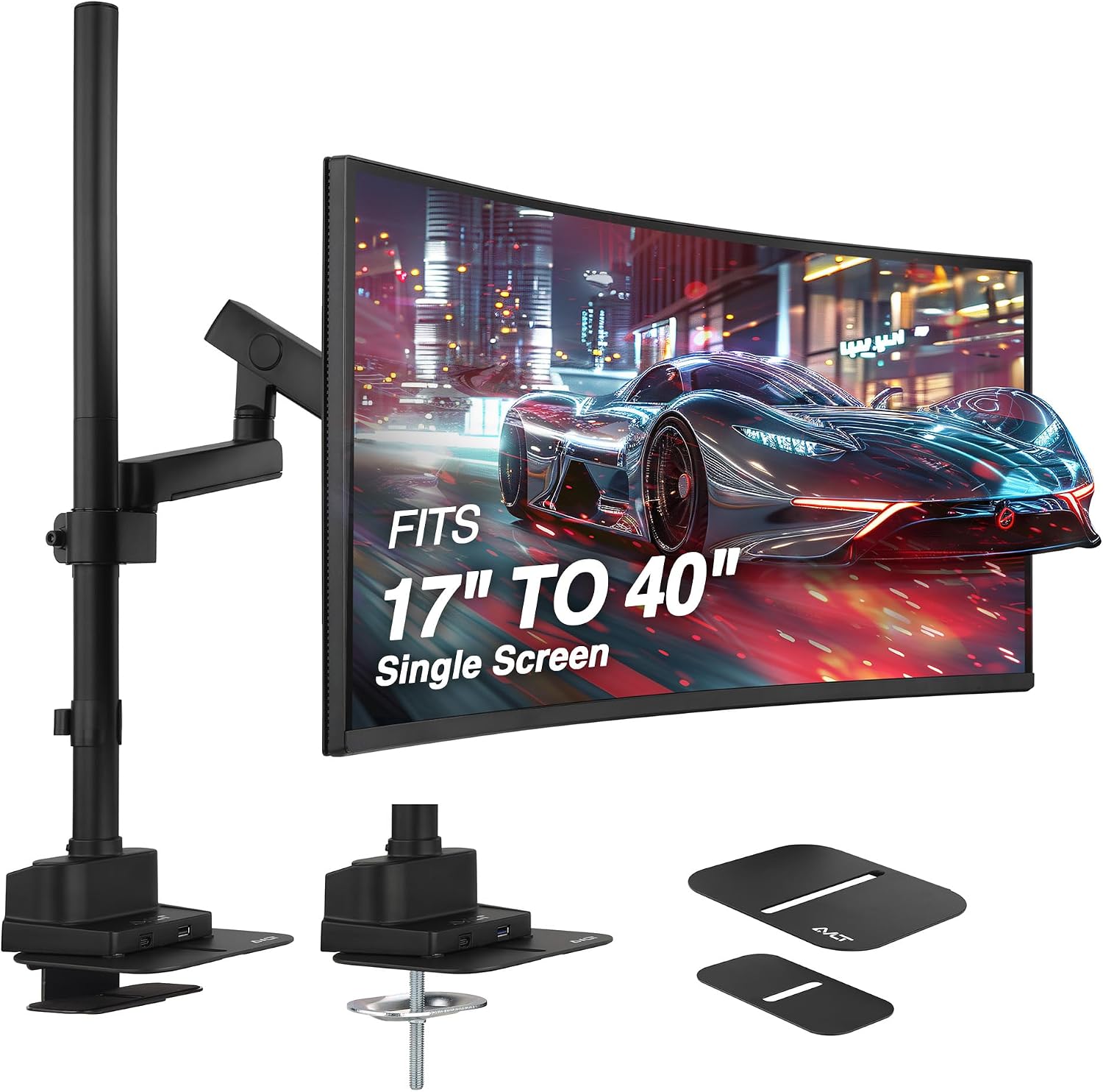 AVLT Single 40 Inch Monitor Arm Pole Top Mount with USB-C&A Ports-Black, Supports 26.4 lbs (12kg), Ultrawide Screen Fit, VESA Compatible, Tilt, Swivel, Rotate, Ergonomic Adjustable Height, Durable