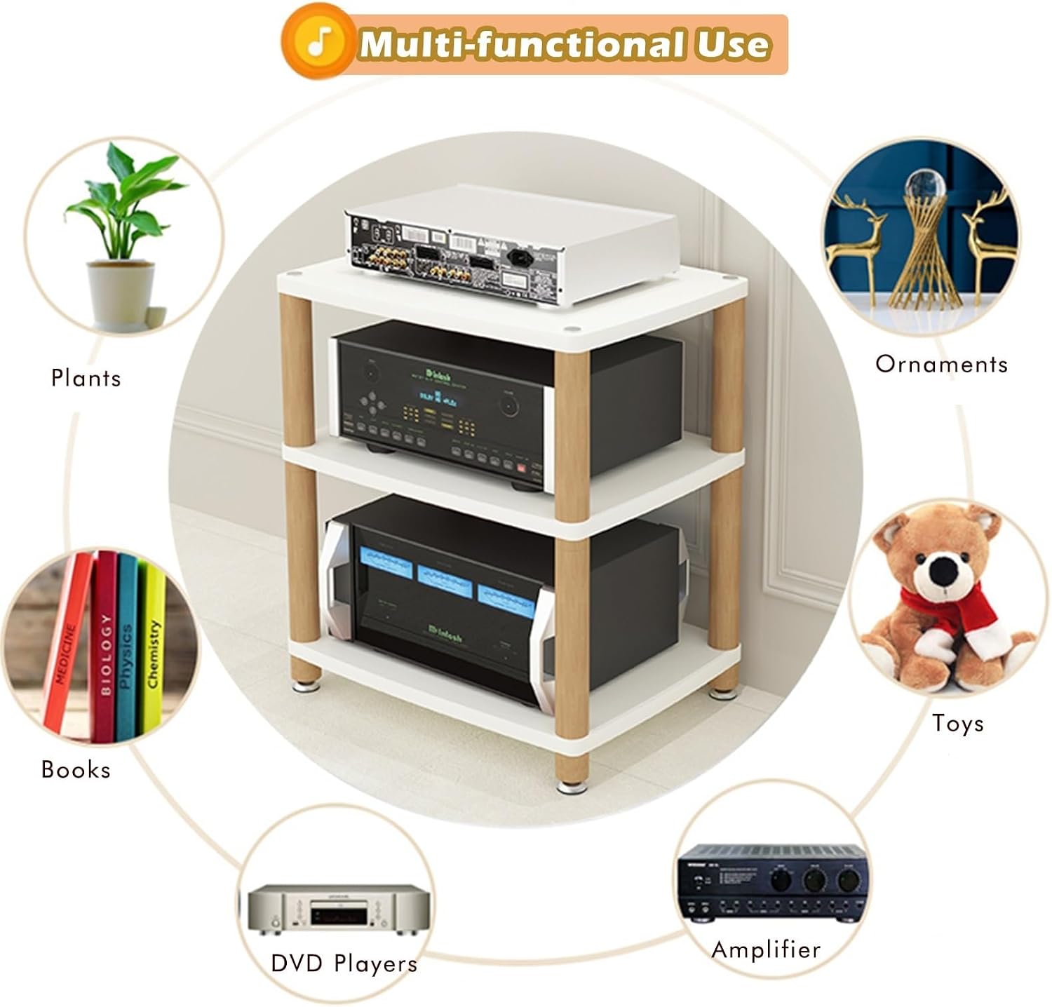 Media Storage Cabinet White, 3/4 Shelf Vertical Audio-Video Shelving with Wood Legs, Stereo Equipment Hoolder for Living Room/Theater Room/Home Cinema(48x60x67cm/18.9x23.6x26.3in)