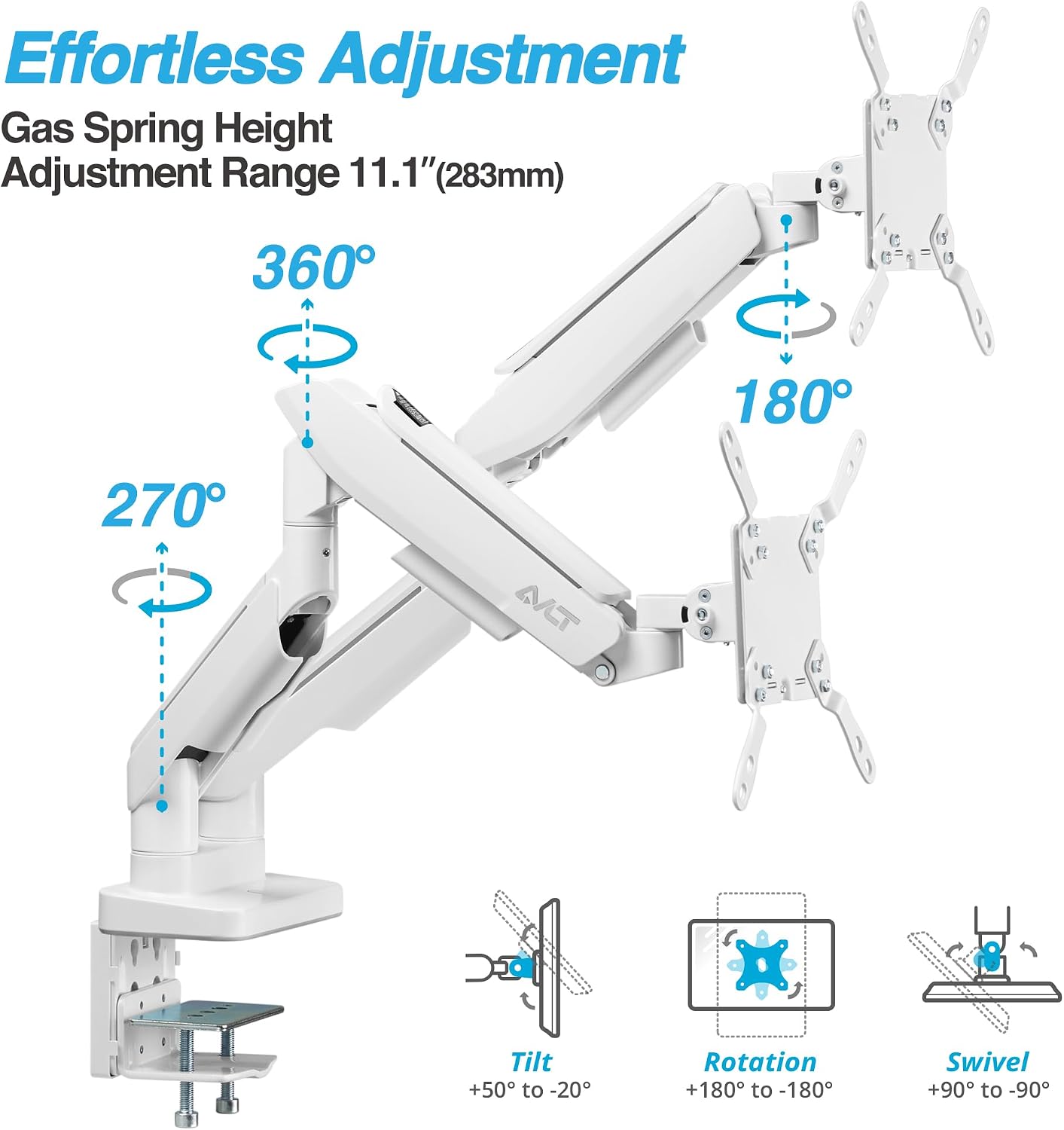 AVLT RGB Lights Dual 17'-43' Gaming Monitor Arm Desk Mount, Fits Two Flat/Curved/Ultrawide Screen up to 44lbs(20kg), Height Swivel Tilt Adjustable Stand – White