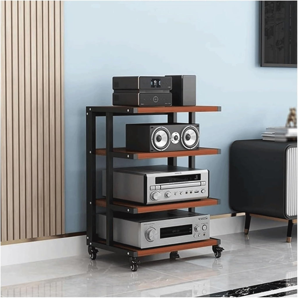 Audio Rack Open Stereo Rack Audio Equipment Rack Audio Movable Stereo Shelf Wood with Wheels HiFi Rack Audio-Video Shelving HiFi Rack(Rot,4 Tier)