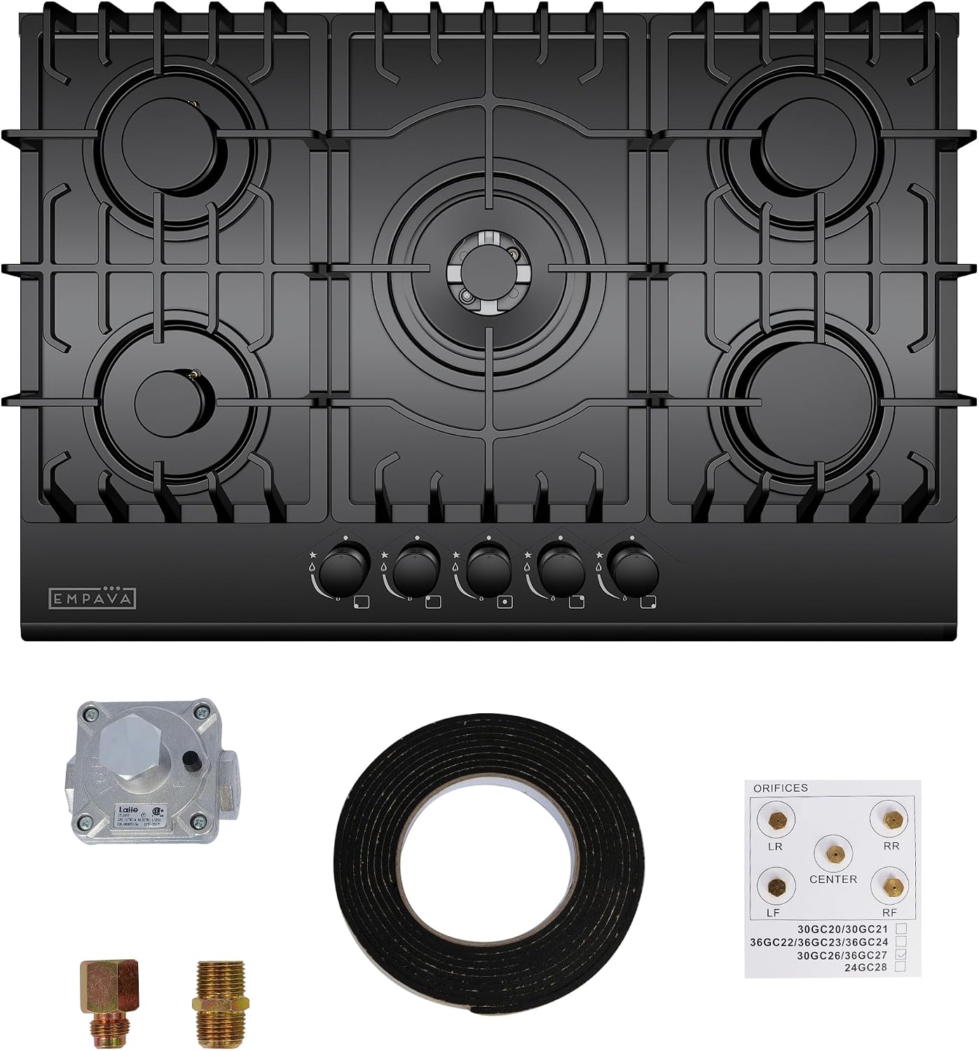 Empava 30' Gas Stove Cooktop LPG/NG Convertible with 5 Italy SABAF Burners Tempered Glass in Black, 30 Inch