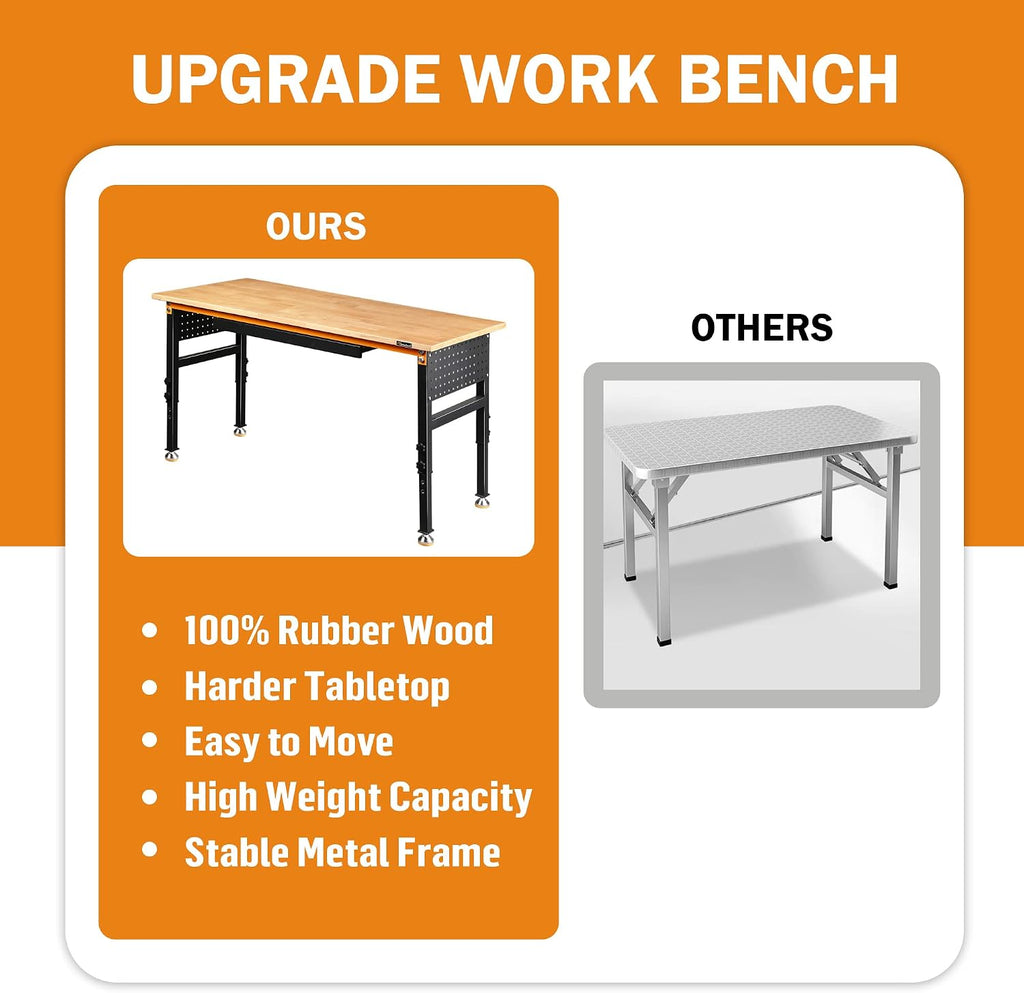 Betterhood 60' Heavy-Duty Adjustable Workbench for Garage, Rubber Wood Shop Table W/Double Pegboards & Drawer,Hardwood Workstation Weight Capacity Over 2000 Lbs