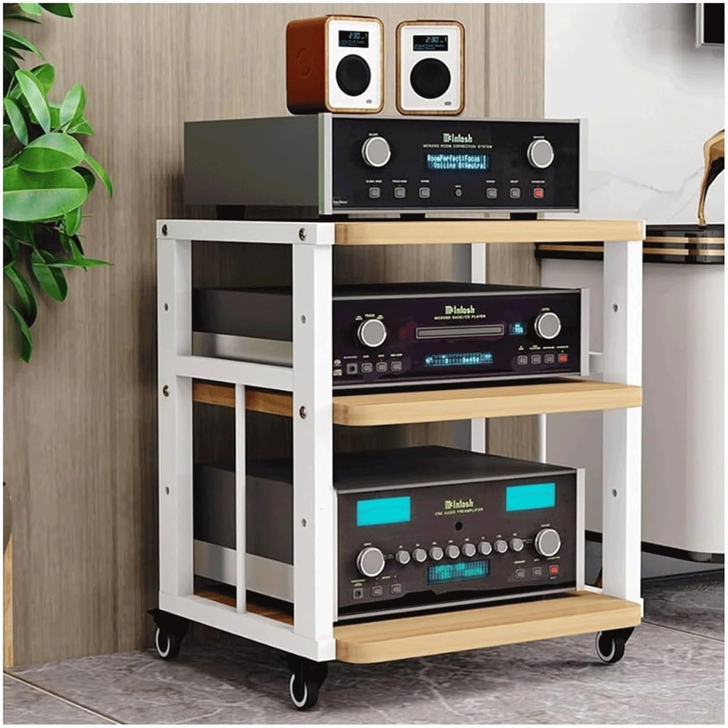 Audio Rack Movable Stereo Rack Audio Equipment Rack Audio Open Stereo Shelf with Wheels HiFi Rack Adjustable Audio-Video Shelving(Natural,3 Tier)