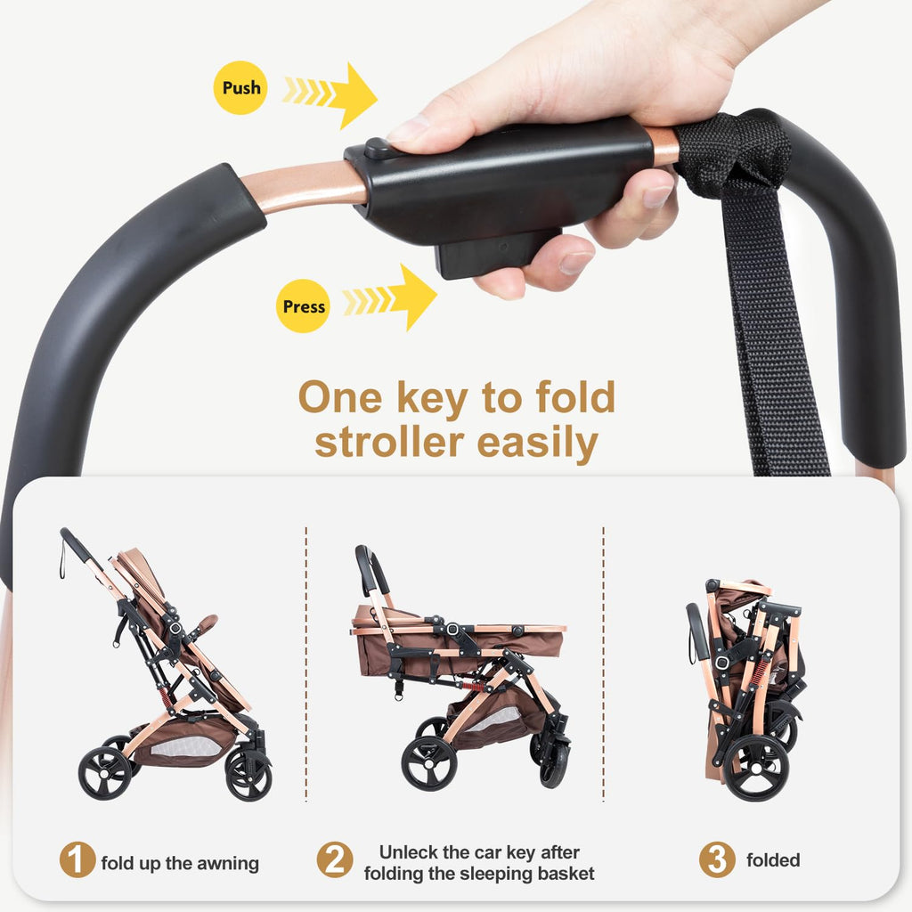 2 in 1 Baby Stroller Newborn Foldable Pushchair with Adjustable Canopy Folding High Landscape Infant Carriage, Anti-Shock Toddler Pushchair