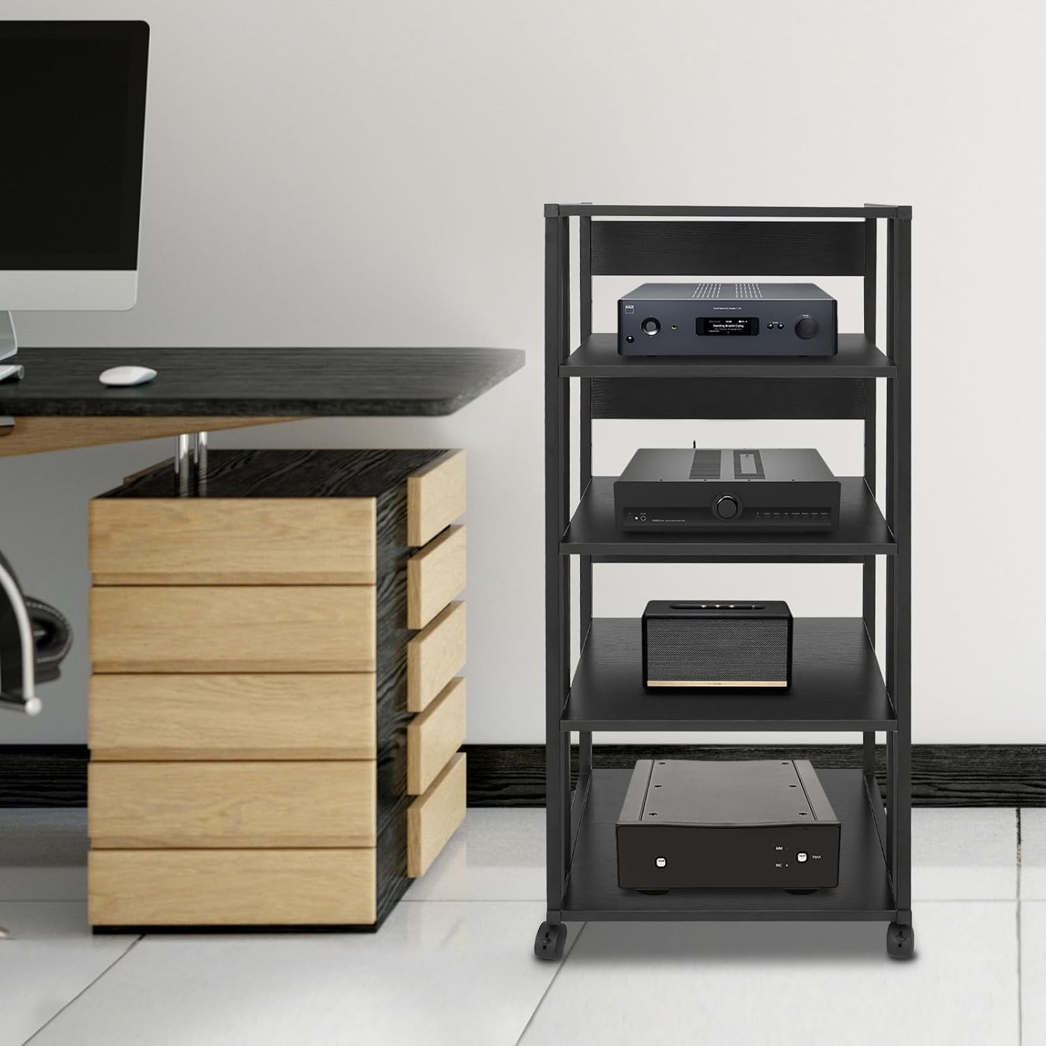 5 Tier AV Media Stand, Rolling Audio Rack Tower, CD Record Player Stereo Receiver AV Equipment Cabinet Display Rack with Wheels, Adjustable Shelves for Home Theater Office Load 110 lbs