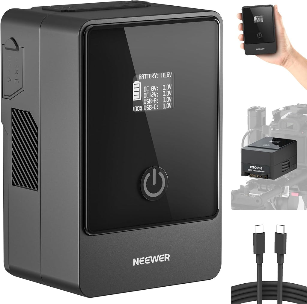 NEEWER V Mount Battery PS099E with Type C Cable, 6800mAh 99Wh 14.5V Mini V Lock with OLED Display, Fast Charging 65W PD USB C, D Tap/BP/USB A/DC Output for Video Camera Monitor Camcorder Filmmaking