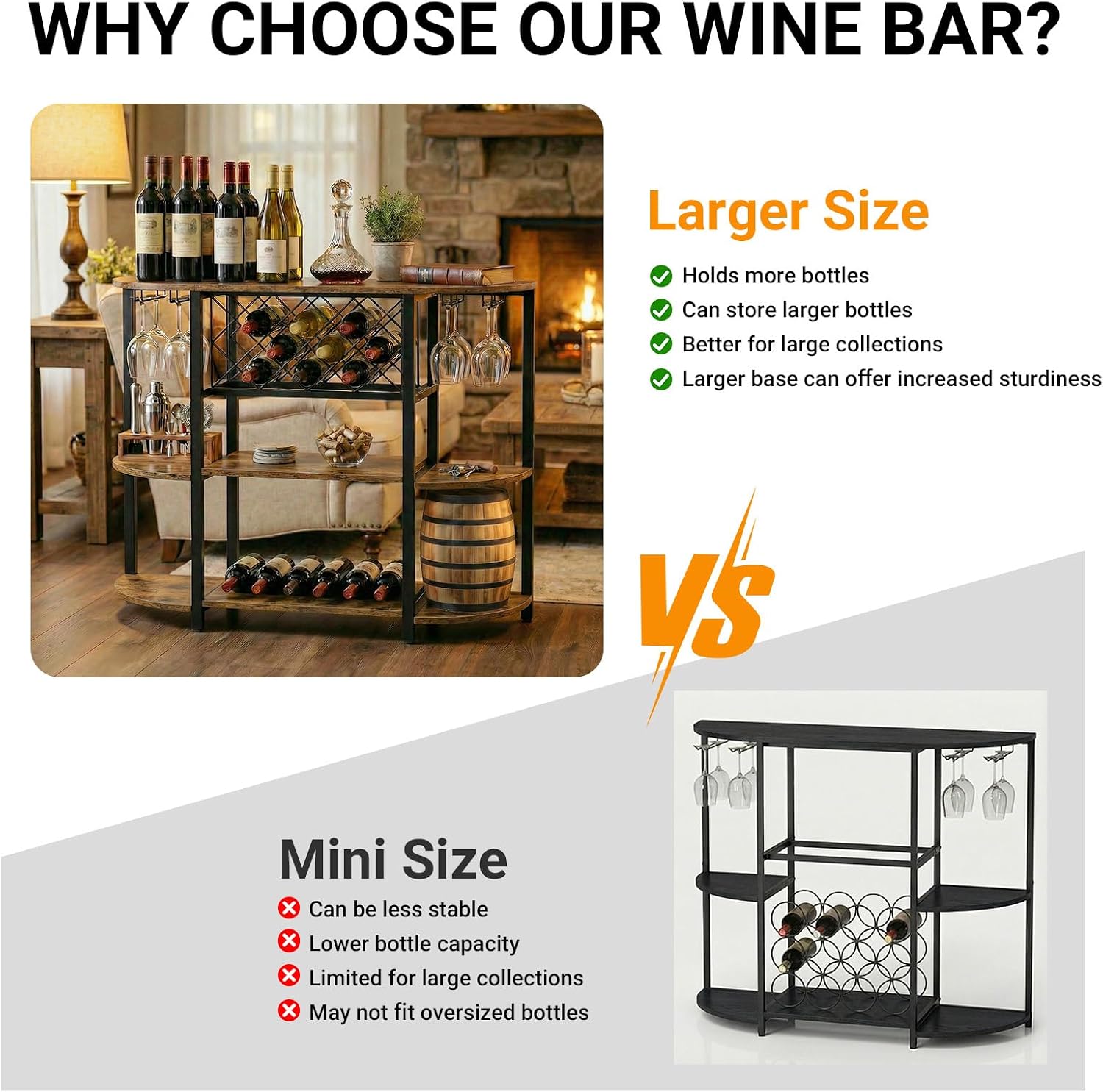 Unikito Wine Rack Table with Socket and LED Light, Floor Bar Cabinet for Liquor and Glasses, Wood Coffee Bar Table with Adjustable Wine Rack, FreeStanding Sideboard and Buffet Cabinet, Rustic