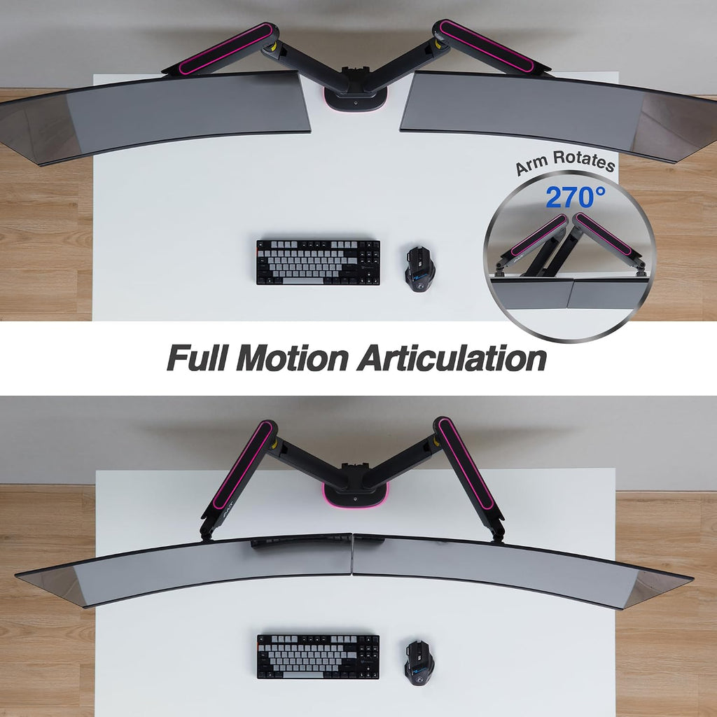 AVLT Dual 27'-43' RGB Gaming Monitor Arm Desk Mount Built-in 20 Lighting Modes Touch Button Control Fits Flat/Curved/Ultrawide Screen Height Swivel Tilt Rotation Adjustable Stand -Black