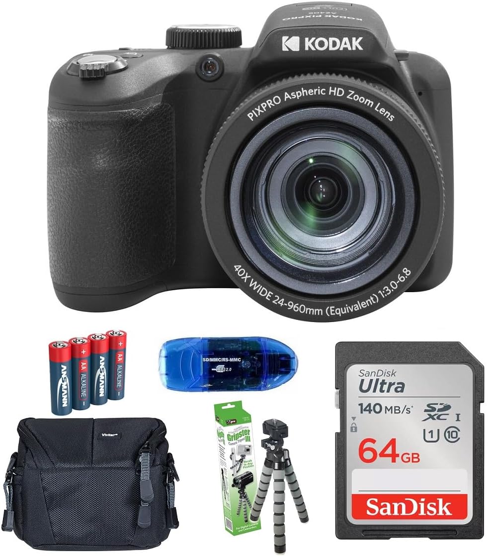 Kodak PIXPRO AZ405 Digital Camera Bundle, Includes: SanDisk 64GB SDXC Memory Card, Small Camera Bag, SD Card Reader and More (6 Items) (Black)