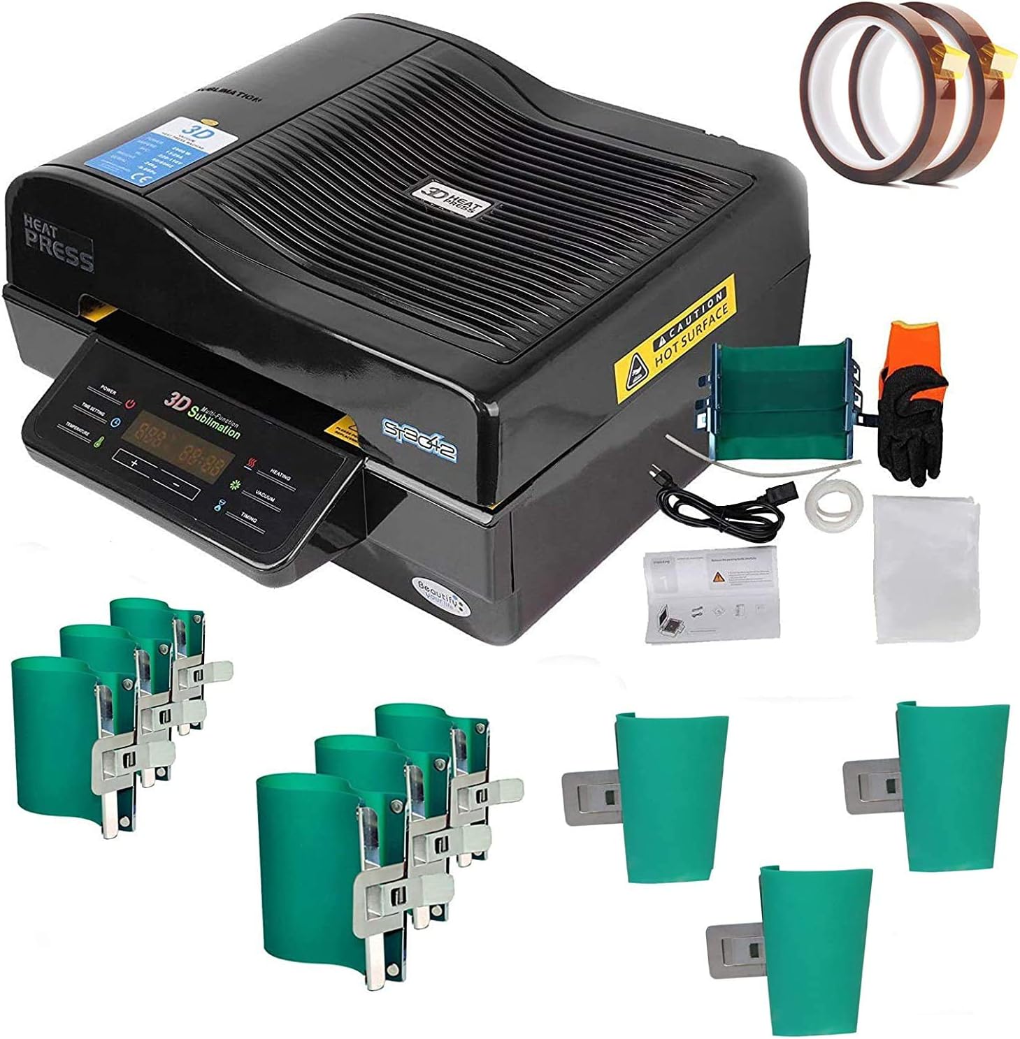 INTSUPERMAI 3D Vacuum Sublimation Heat Press Machine Muti-fuction Sublimation Machine Kit with 9 Pieces Rubber Clamp 2 Heat Resistant Tape for Mugs Transfering Printing 2800W