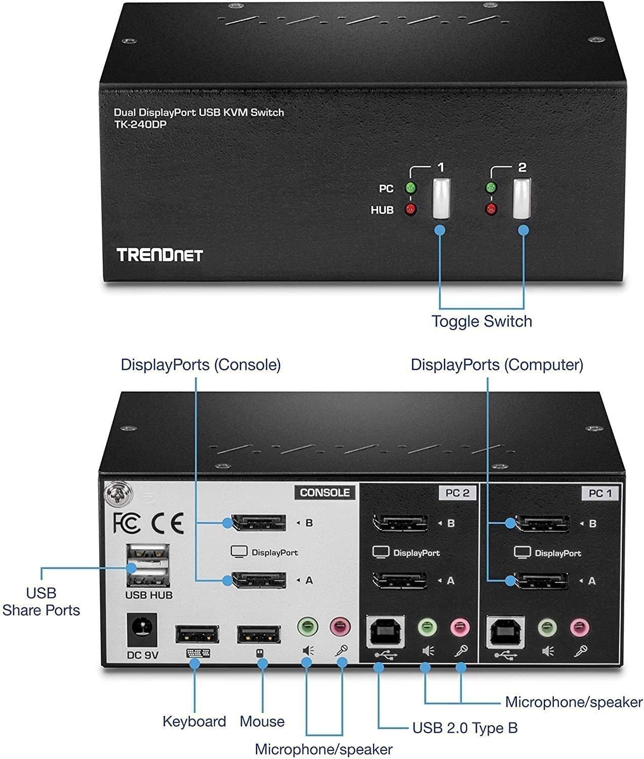TRENDnet 2-Port 4K Dual Monitor DisplayPort KVM Switch with Audio, TK-240DP, 2560 x 1440 @ 144Hz, 2-Port USB 2.0 Hub, Connect Two Monitors, NDAA + TAA Compliant, Black
