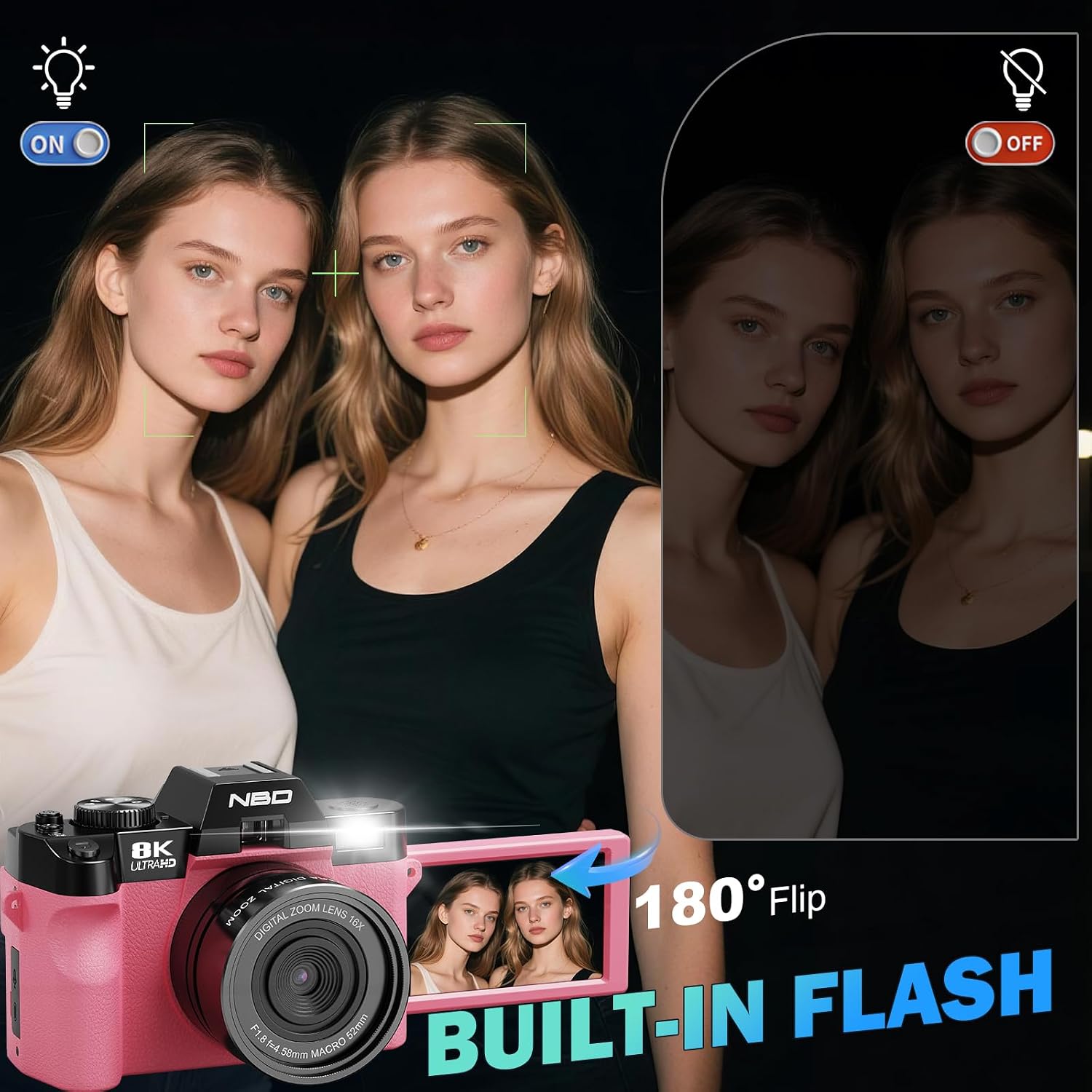 8K Digital Cameras for Photography 64MP - 16X Zoom Autofocus, WiFi, 180° Flip Screen with Wide-Angle & Macro Lens, Vlogging Camera for YouTube Travel with 64GB TF Card, 2 Batteries & Mic (Pink)
