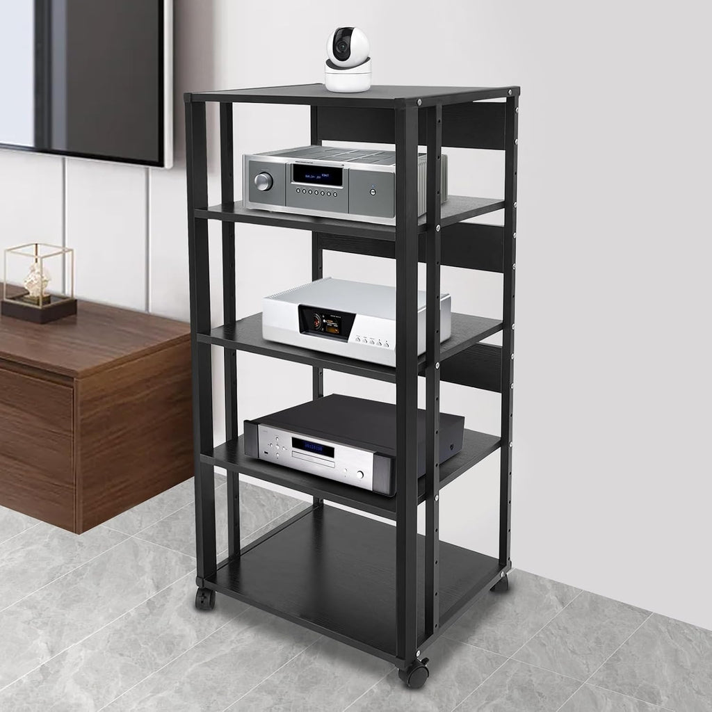 5 Tier AV Media Stand, Rolling Audio Rack Tower, CD Record Player Stereo Receiver AV Equipment Cabinet Display Rack with Wheels, Adjustable Shelves for Home Theater Office Load 110 lbs