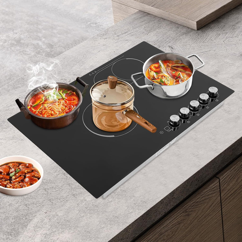 4 Burners Electric Cooktop, 30 Inch 3700W Electric Ceramic Cooktop Built-in Electric Stove Top with 5 Heating Levels, Kid Safety Lock and Timer, 110V for Hard Wire (No Plug)