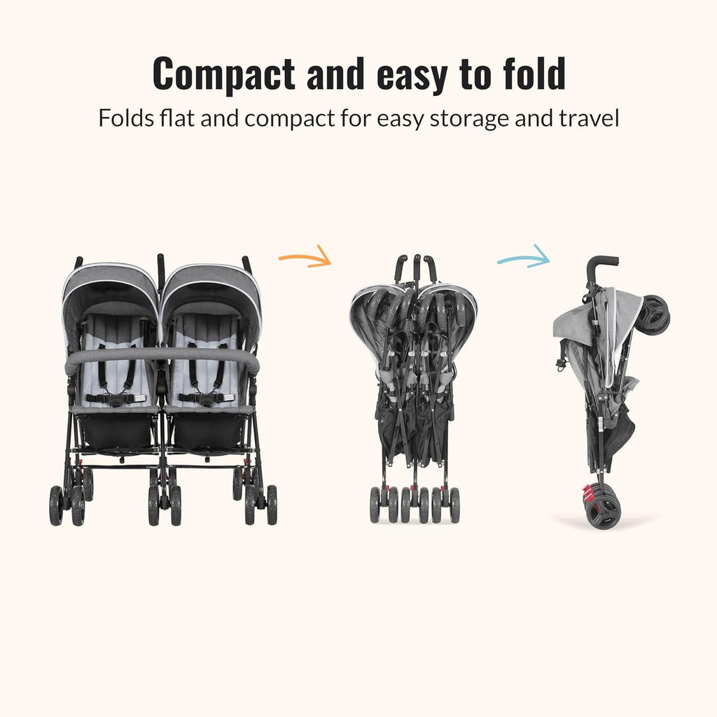 Dream On Me Volgo Twin Baby Stroller, Lightweight Side-by-Side Double Umbrella Stroller with Adjustable Canopy, 5-Point Harness, Storage Basket & Travel-Friendly Fold – Dark and Light Grey