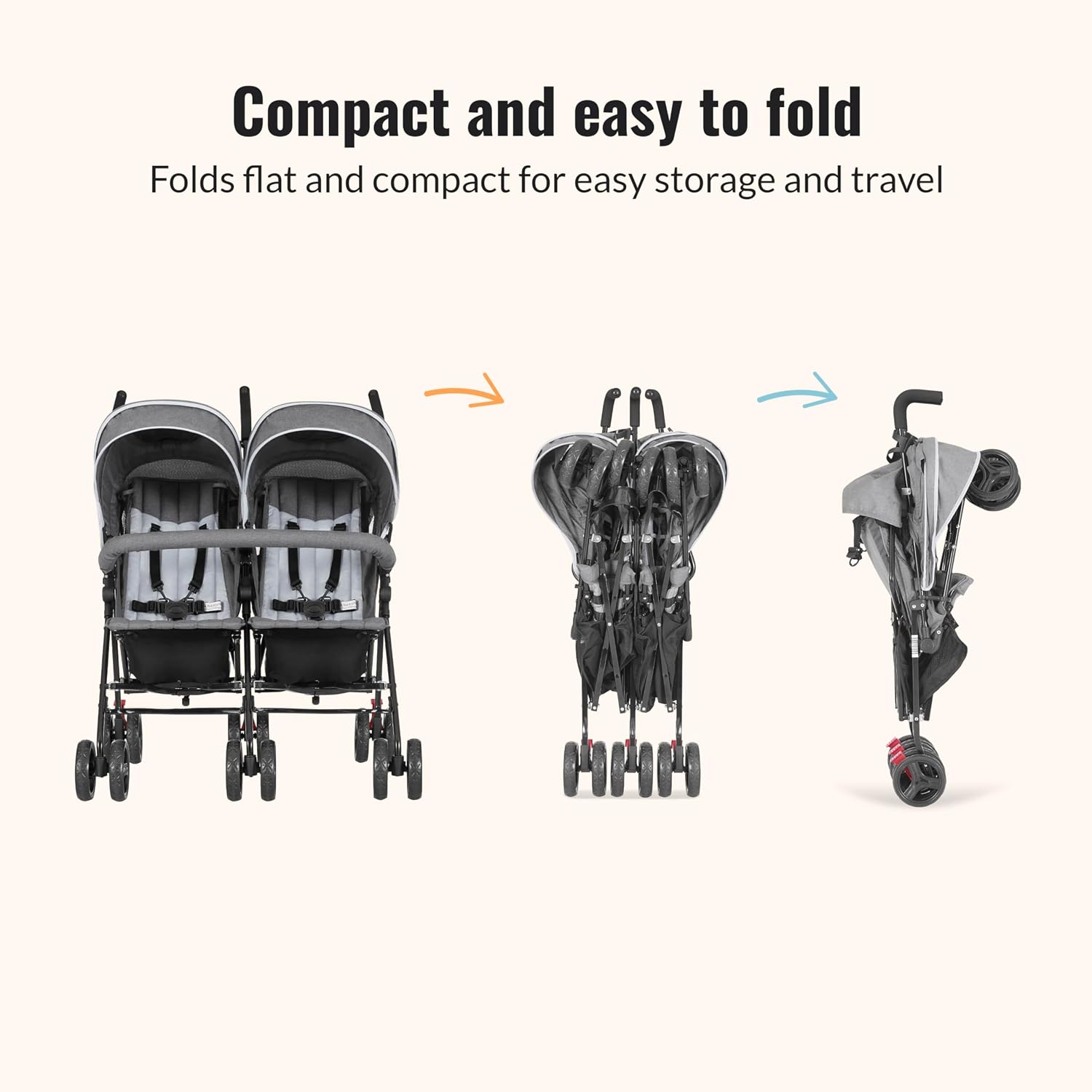 Dream On Me Volgo Twin Baby Stroller, Lightweight Side-by-Side Double Umbrella Stroller with Adjustable Canopy, 5-Point Harness, Storage Basket & Travel-Friendly Fold – Dark and Light Grey