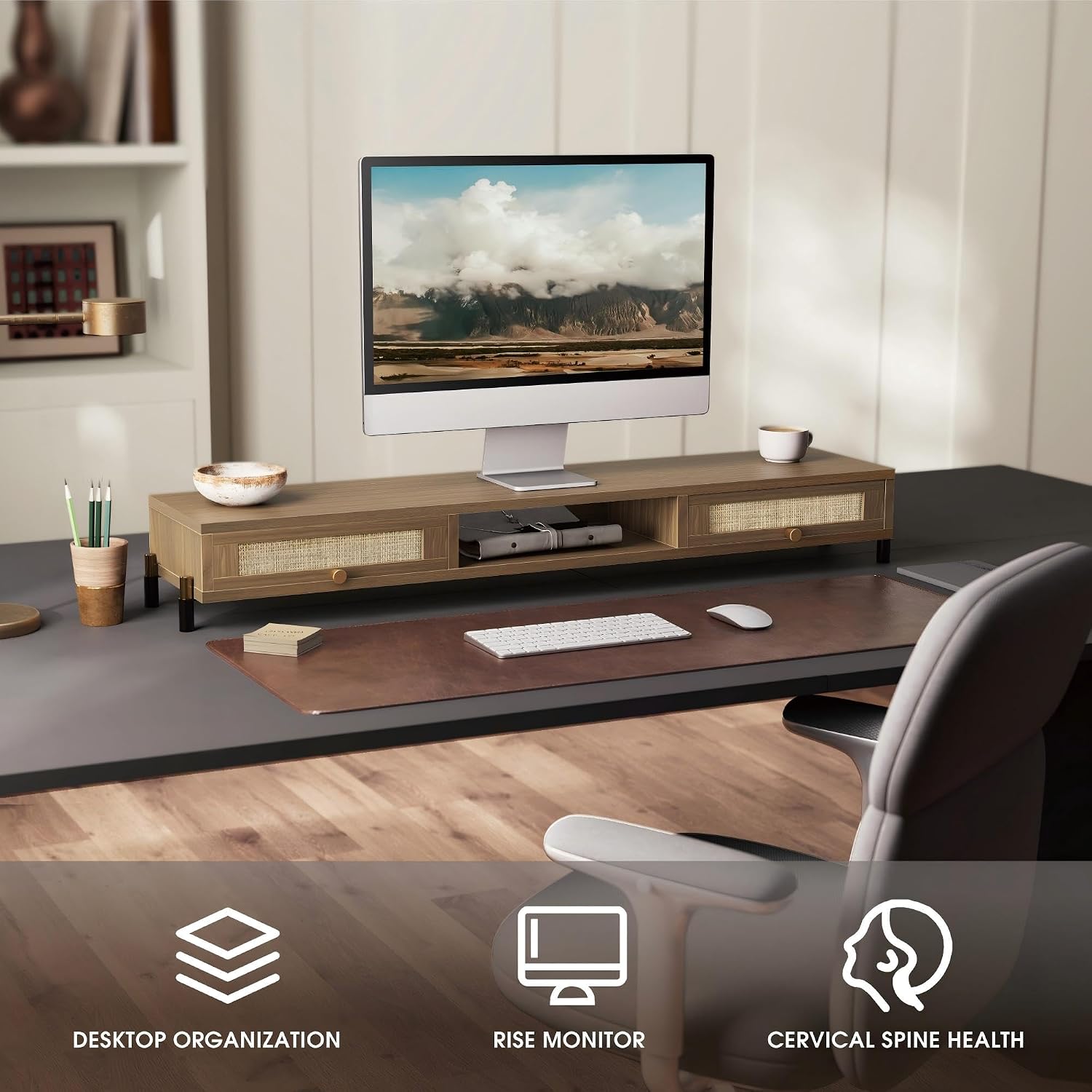 Fenge Dual Monitor Stand for Desk - Long Wooden Riser With Rattan Woven Drawer, 2 Tier Desk Shelf for 2 Monitors, Vintage Computer Stand for Laptop, Printer, TV