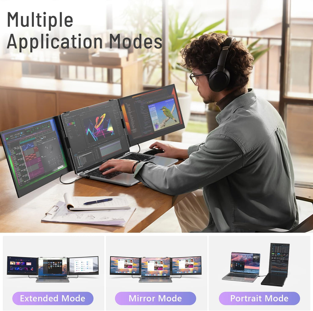 14' Triple Laptop Screen Extender, 1080P FHD IPS Ultra-Slim Portable Dual Monitor for Laptop, USB C HDMI Plug-Play Monitor Extender for Triple Display for MacOS/Windows, Fits 13-17.3' Laptops