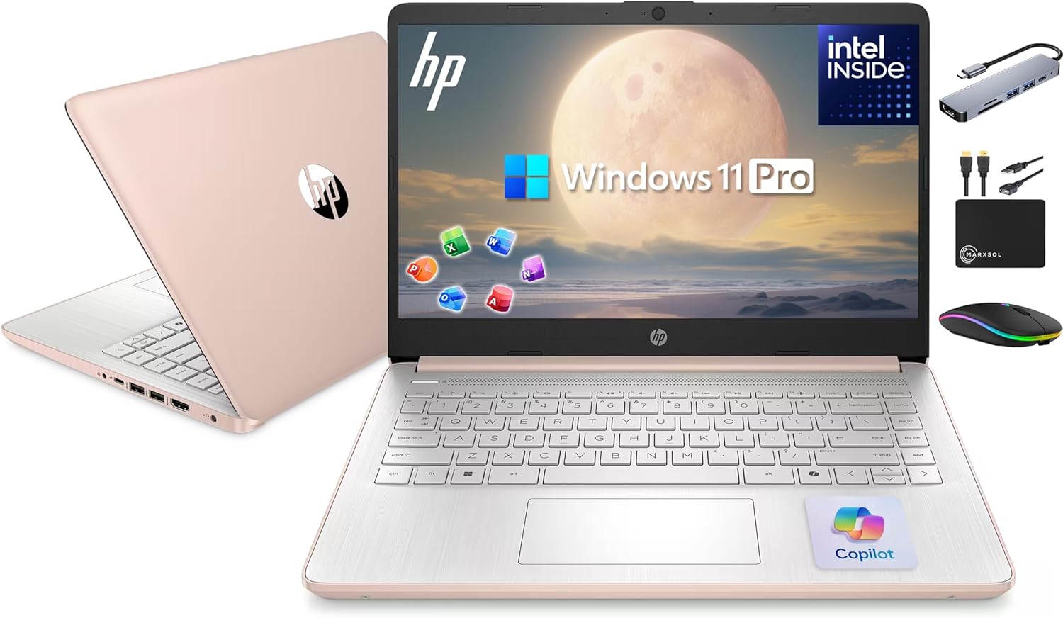 HP 14' Laptop Ultrabook 2026 Business Student Computer with MS Office & Copilot AI, Intel CPU Upto 2.8GHz, 8GB RAM, 628GB Storage (128GB SSD+500GB Ext), Wi-Fi 6, MarxsolAccessory, Win 11 Pro, RoseGold