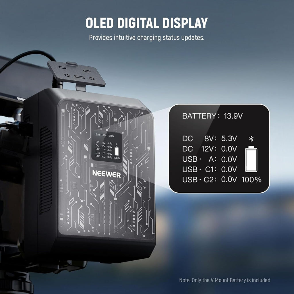 NEEWER Mini V Mount Battery Smart APP Control, 6800mAh 99Wh 14.5V 100W PD Fast Charging, OLED, Backup Power Supply Compatible with BMPCC 4k 6k Camcorder, USB C for Camera Monitor Video Light, PS099S
