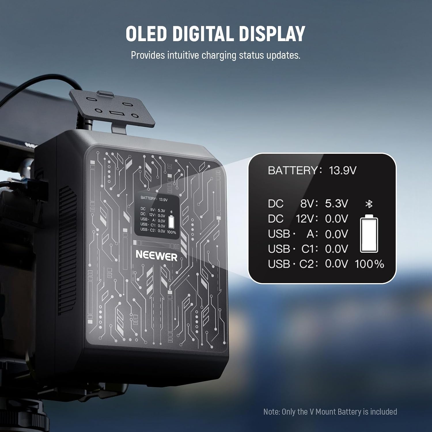 NEEWER Mini V Mount Battery Smart APP Control, 6800mAh 99Wh 14.5V 100W PD Fast Charging, OLED, Backup Power Supply Compatible with BMPCC 4k 6k Camcorder, USB C for Camera Monitor Video Light, PS099S
