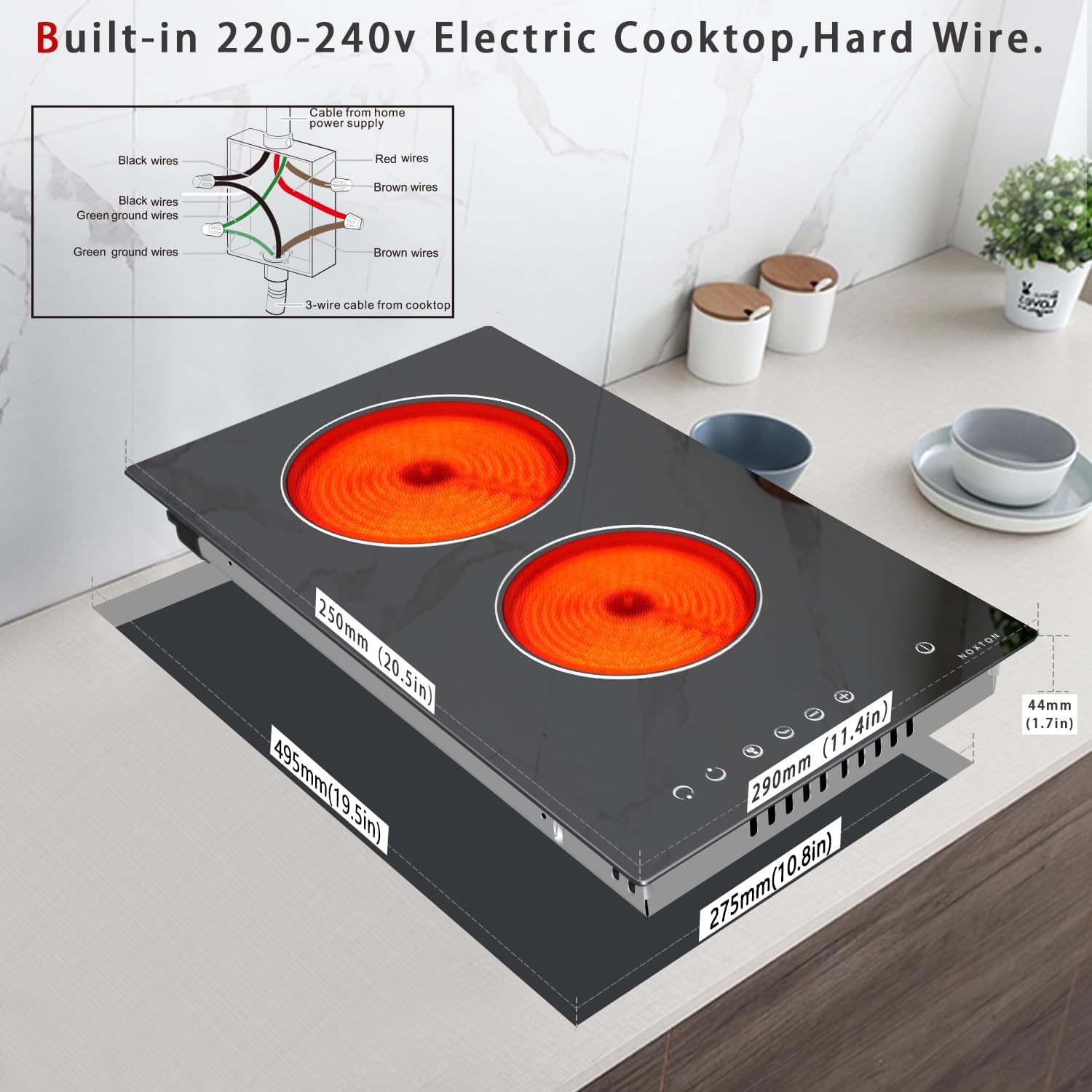 Noxton 2 Burner Electric Cooktop, 12 inch Built-in Electric Stove Top,3000W, Hard Wire for 220V~240V