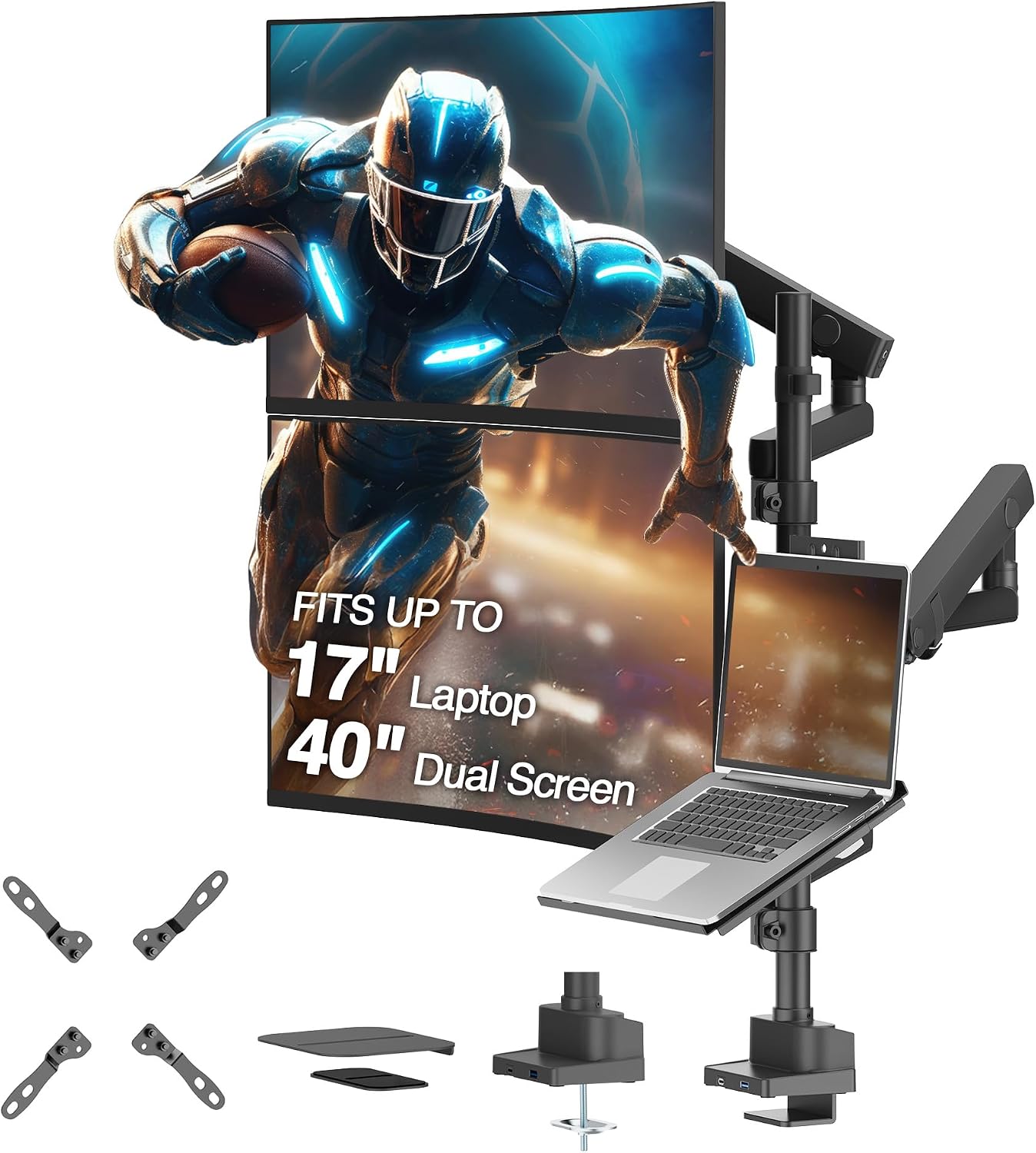 AVLT Laptop & Dual 40 Inch Stacking Monitor Arm Pole Top Mount with USB-C&A Ports-Black, Supports 26.4 lbs (12kg), Ultrawide Screen Fit, VESA Compatible, Multi-Screens, Ergonomic Workspace Upgrade