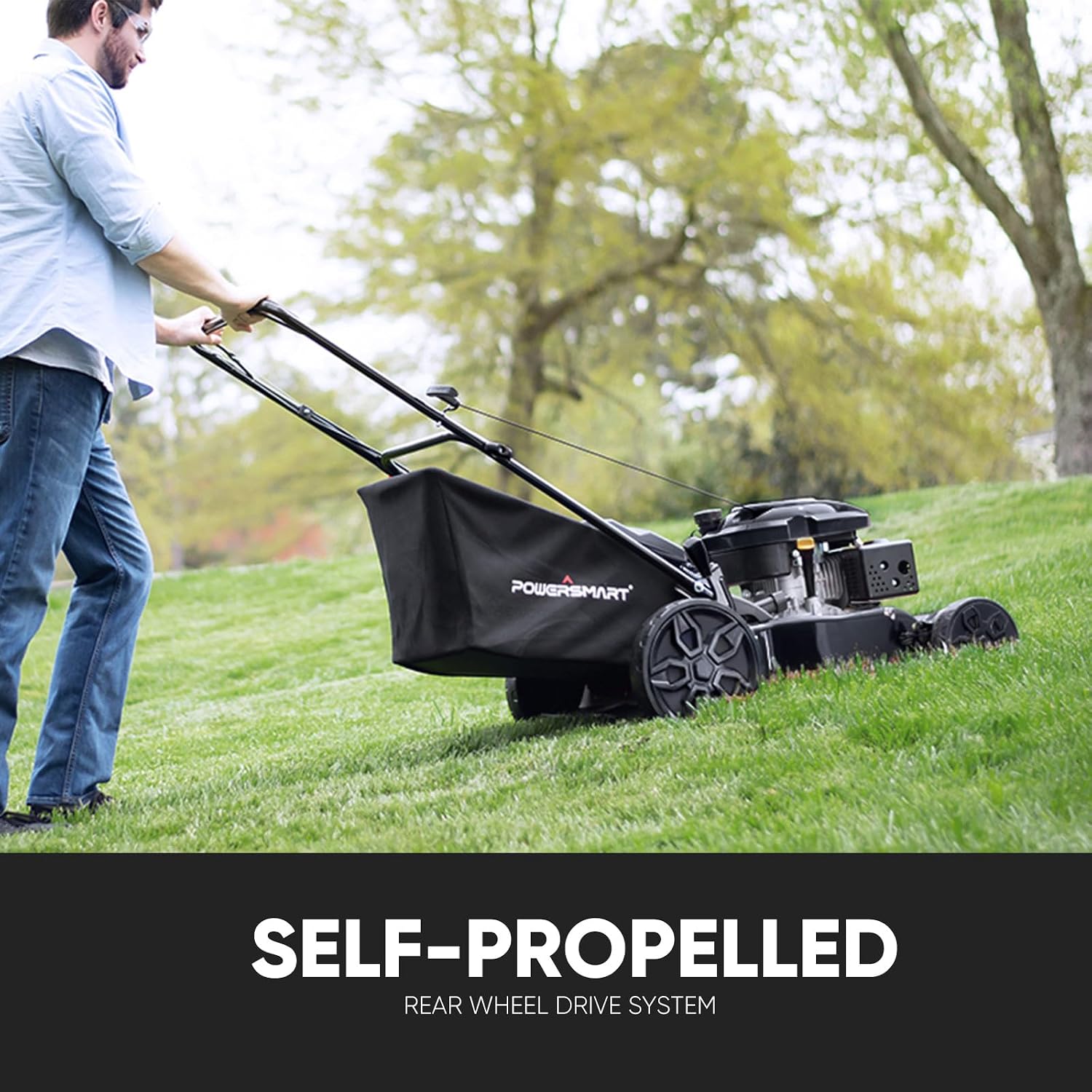 PowerSmart 22-Inch Self Propelled Gas Lawn Mower, 170cc OHV Engine, 3-in-1 Mulch/Bag/Side Discharge, Steel Deck, 6 Height Adjustment, Black