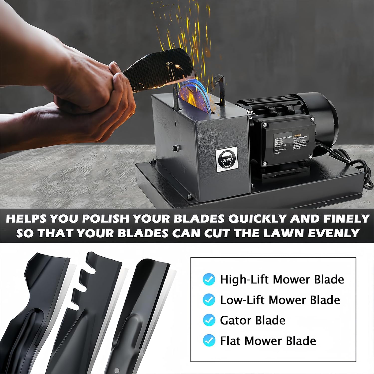 Professional Lawn Mower Blade Grinder | 1HP 750W 9' Ceramic Wheel with Adjustable Angle Bracket for Lawn Mower Blades | High/Low Lift Blades | Gator Blades | Flat Blades,etc